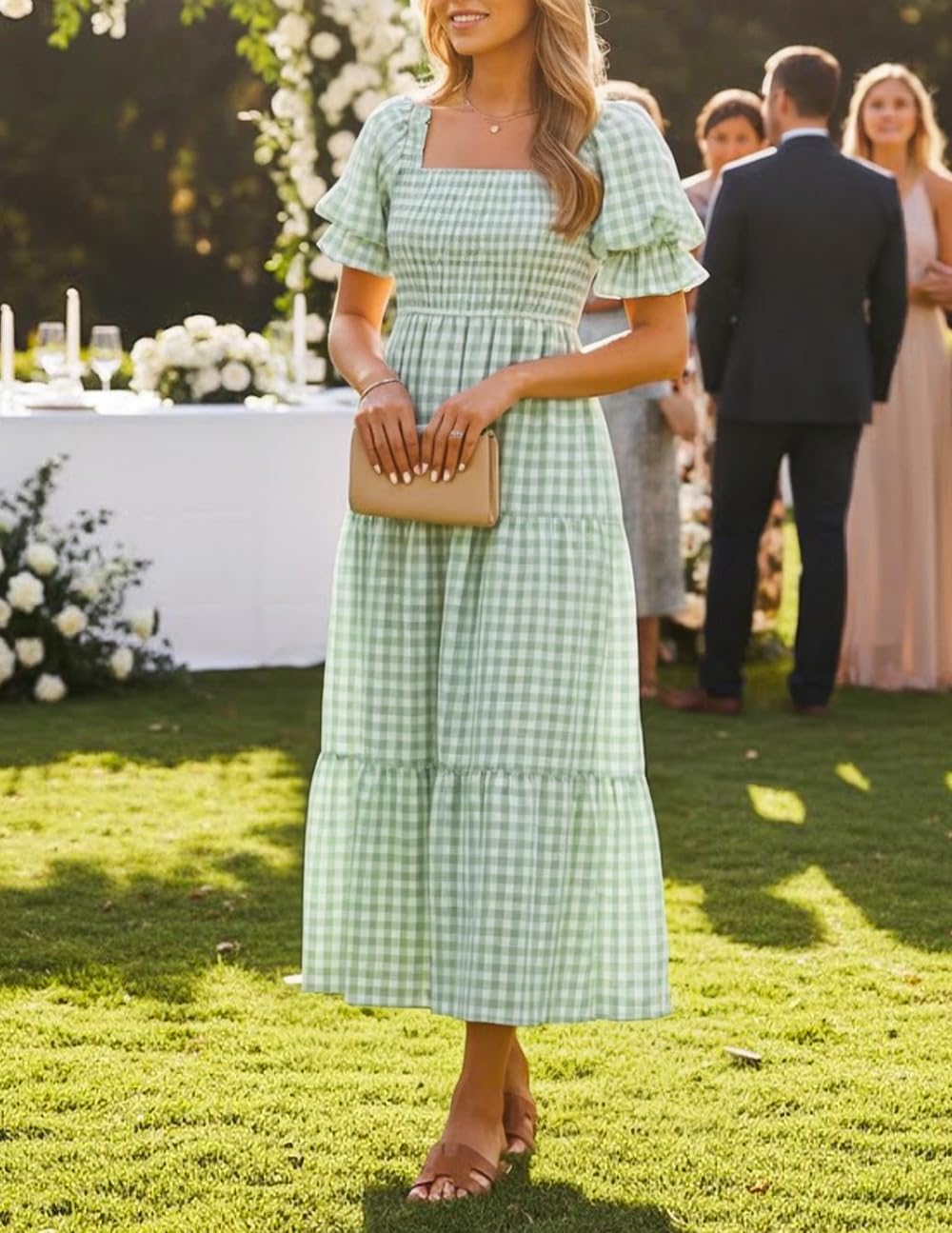 ZESICA Women's 2026 Bohemian Summer Plaid Square Neck Puff Sleeve Ruffle Flowy Beach Midi Dress - Image 6