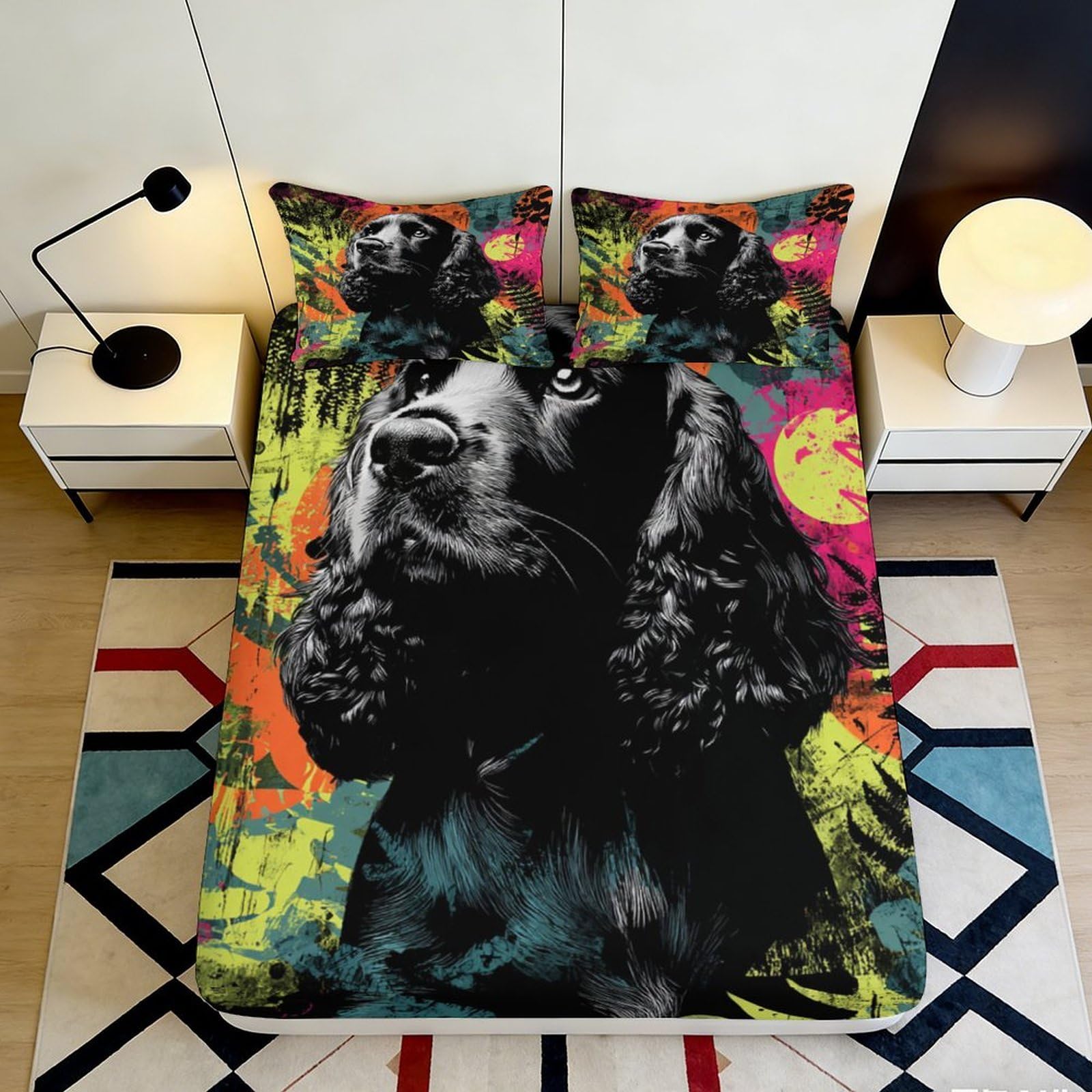 3D Printed Black Dog Art Fitted Sheet Microfiber Colourful Graffiti Bed Cover for Bedroom Guestroom Dorm Mattress Protection 90x200x25cm