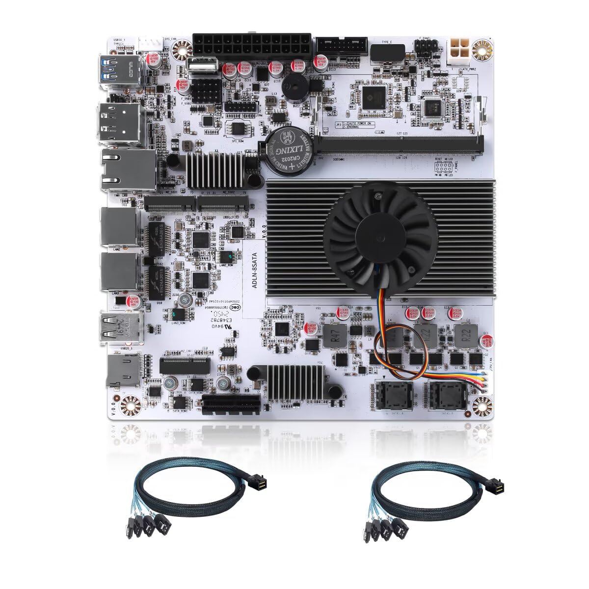 10G NAS Motherboard N150 8 Bay, M8 Mini ITX Mainboard(N100 Update) 2xM.2 NVMe DDR5 No RAM No SSD, Firewall Dual 2.5gbit LAN, M.2 WiFi, PCIEx1, USB C, TF Slot with 2xSFF-8643 Cable