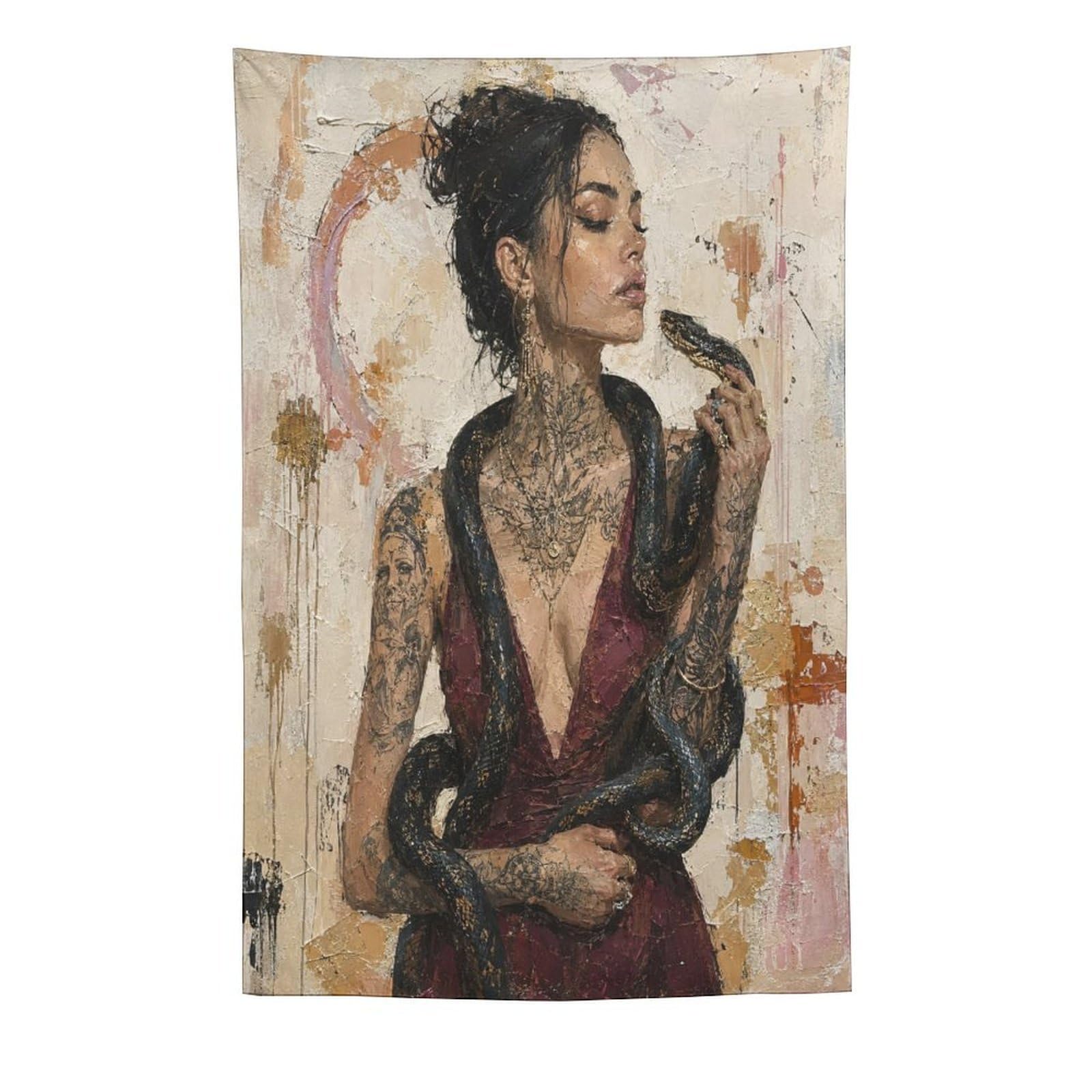 W7C8U2X3 Tattooed Woman with Wine Wall Tapestry, Oil Painting, Bed
