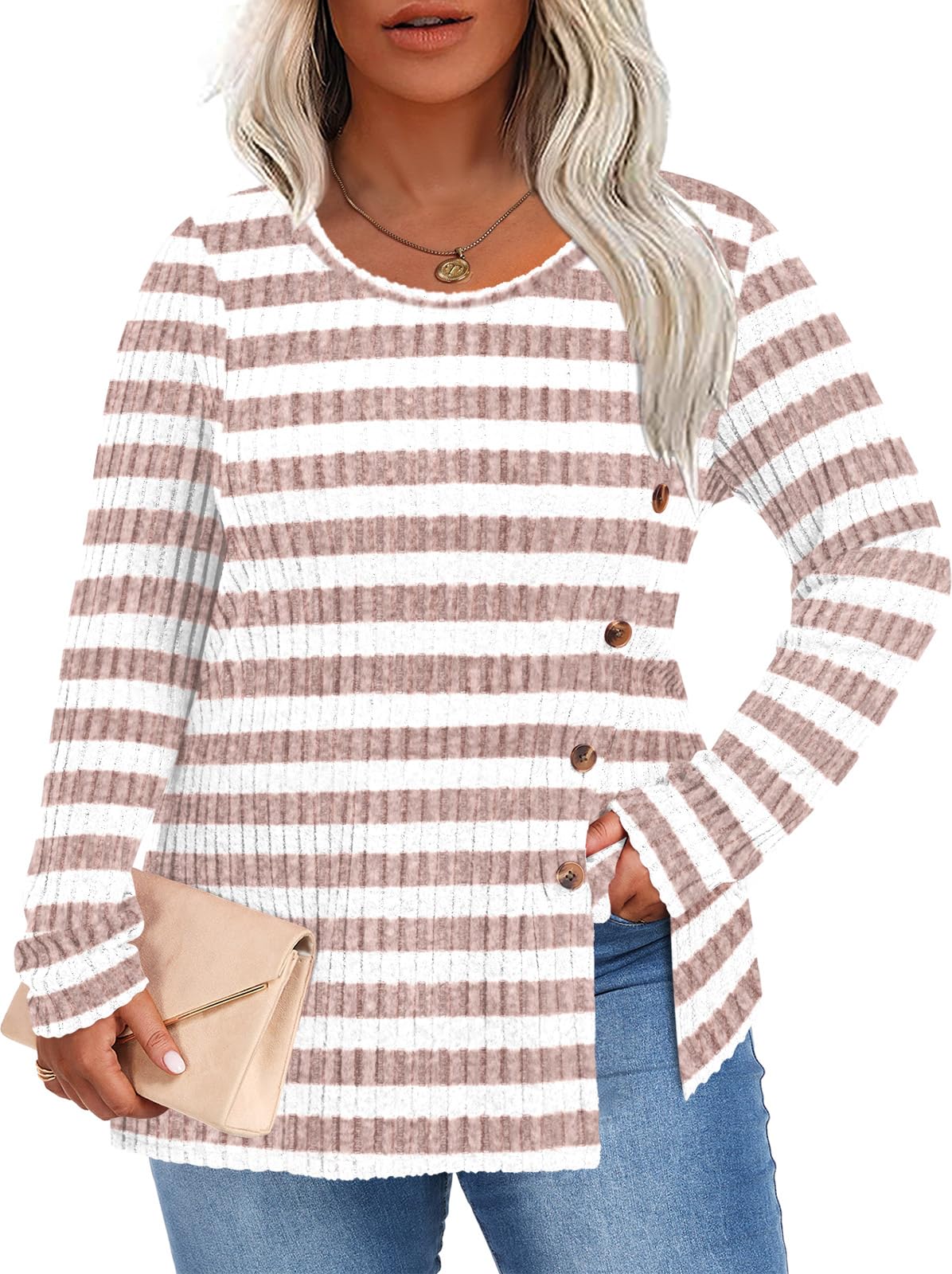 HOTGIFT Womens Sweaters Tops Plus Size Tunics Top Long Sleeves Winter Blouse Casual Shirts Outfits White-Orange Stripes 3X-Large