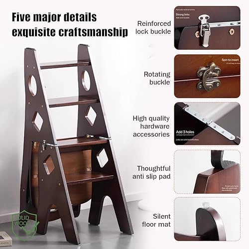 Miniatura 6 de Wooden Library Ladder Chair, Step Stool Chair Foldable, Step Ladder 4 Step Folding, Ideal for Home,Library and Kitchen, Works as Flower StandStorage