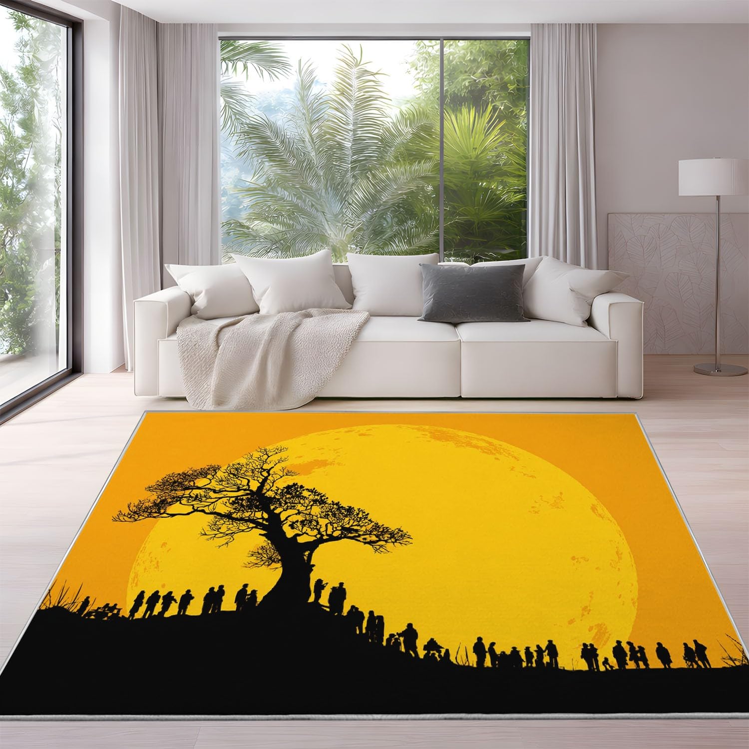 Générique Abstrait Moderne Doux Tapiss Silhouette Minimaliste Imprimé Tapis Lune Jaune Arbres Foule de Lavable Tapis de Antidérapant pour Salon Chambre Bureau 120 x 180 cm