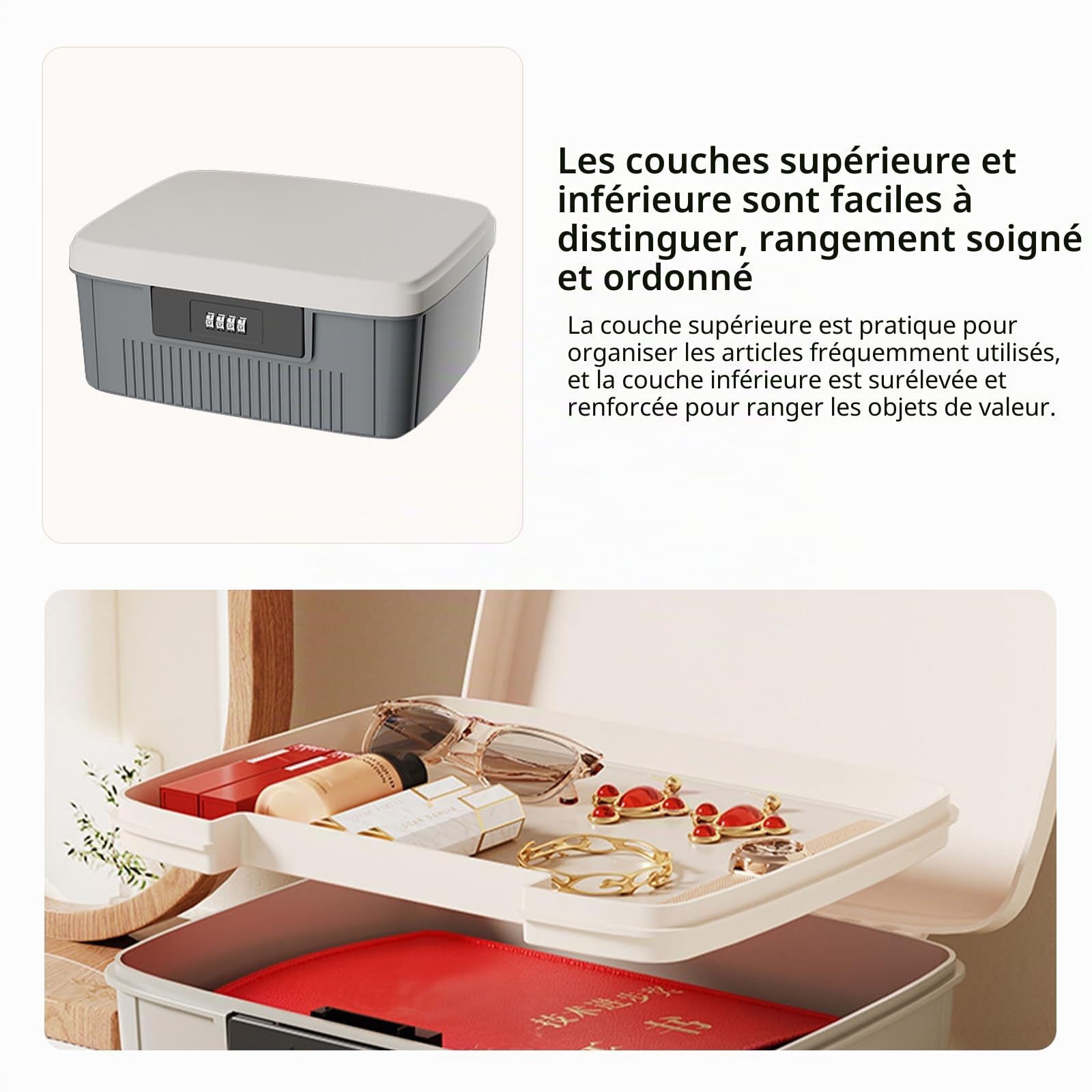 TWSOUL Coffre-fort avec code numérique, boîte de sécurité extérieure, coffre-fort à deux couches, boîte refermable, serrure à combinaison, boîte portative de médecine (gris)