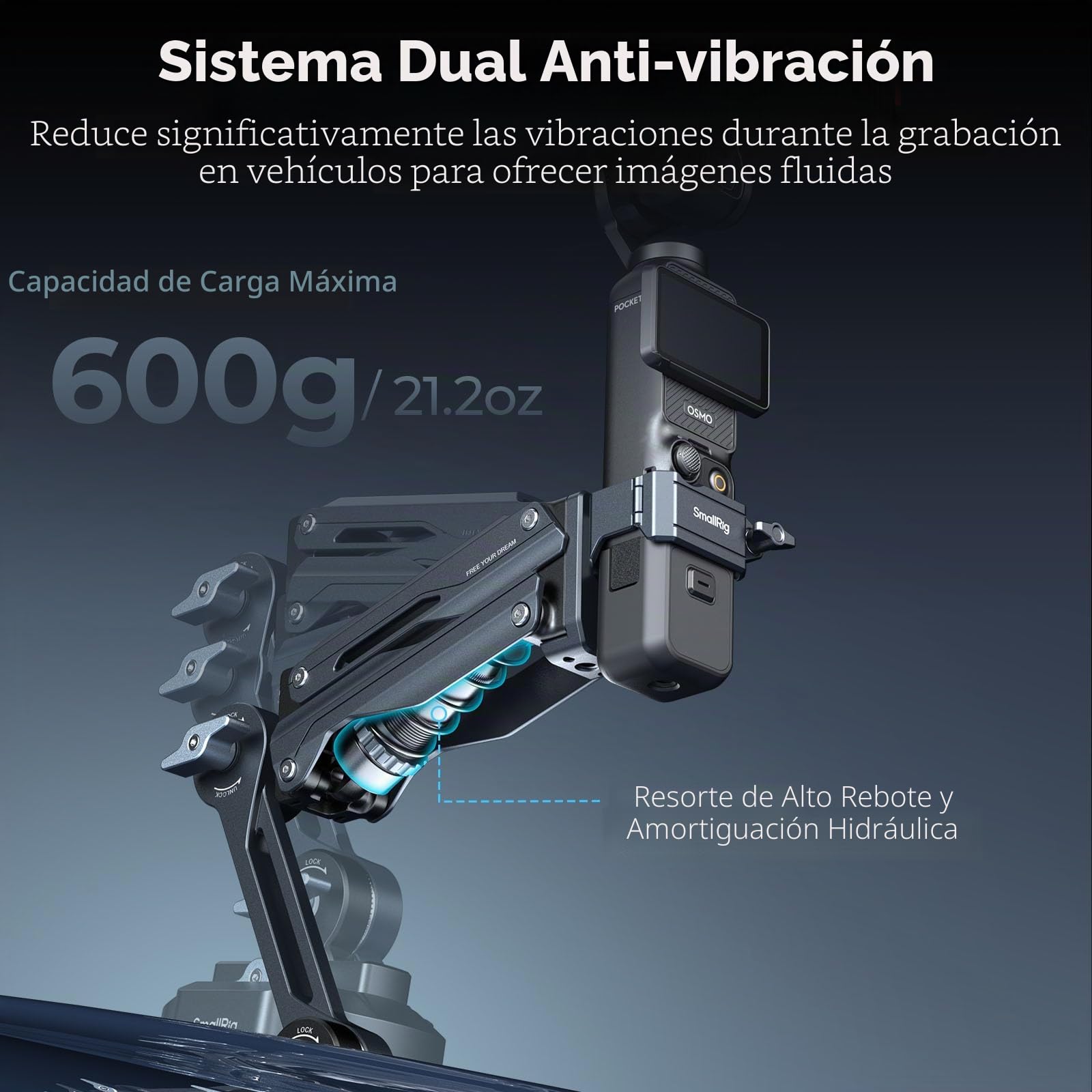 SMALLRIG Brazo Amortiguador Electrónico Mini, Ventosa de 5 Pulgadas, Doble Muelle y Amortiguación Hidráulica, Soporte para Coche para dji Osmo Pocket 4/3/GoPro HERO13/Insta360 X4, con Bolsa - 5507