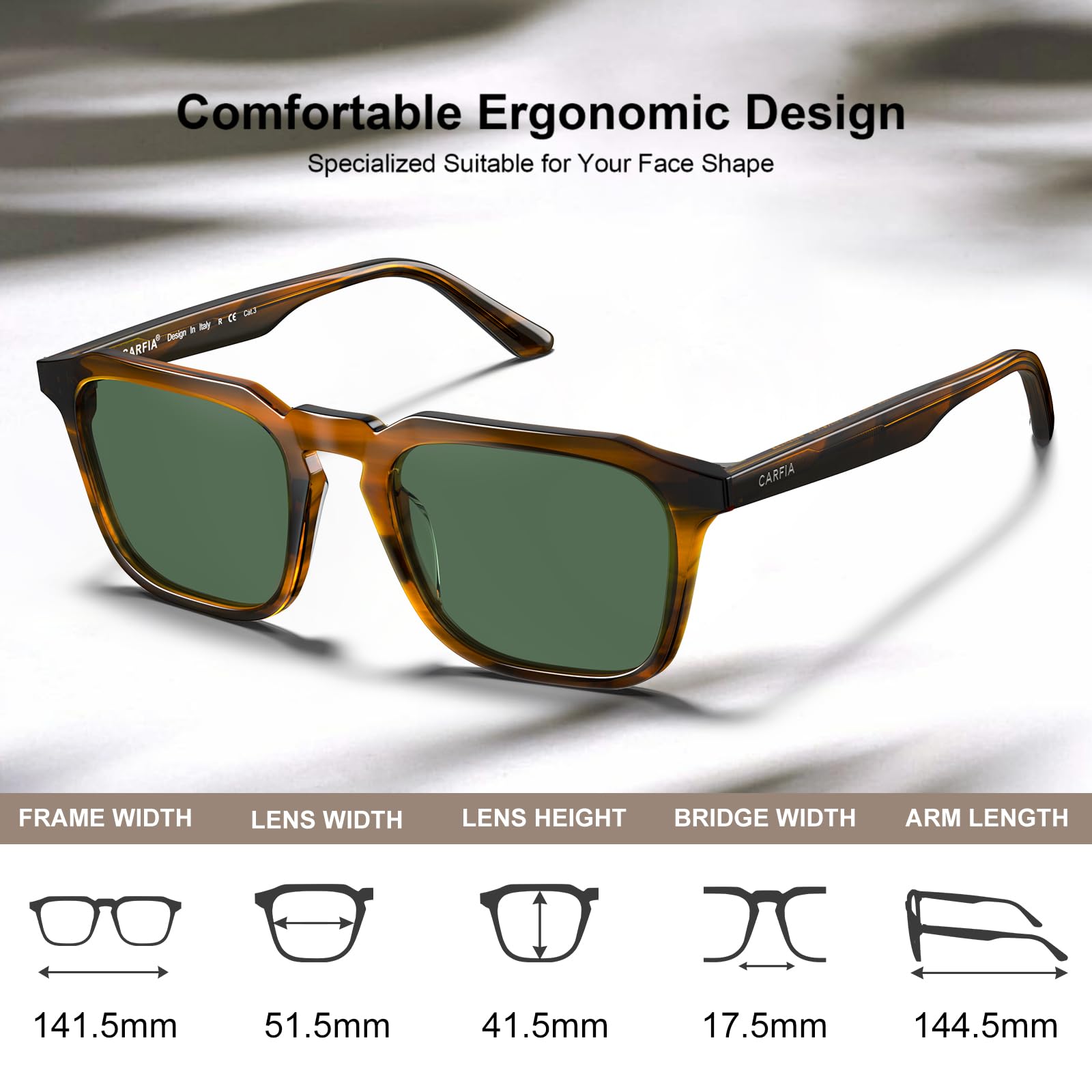 CARFIA Acetate Classic Square Polarized Sunglasses for Men Women UV400 Lenses Hand-crafted Frame Retro Outdoor Sun Glasses