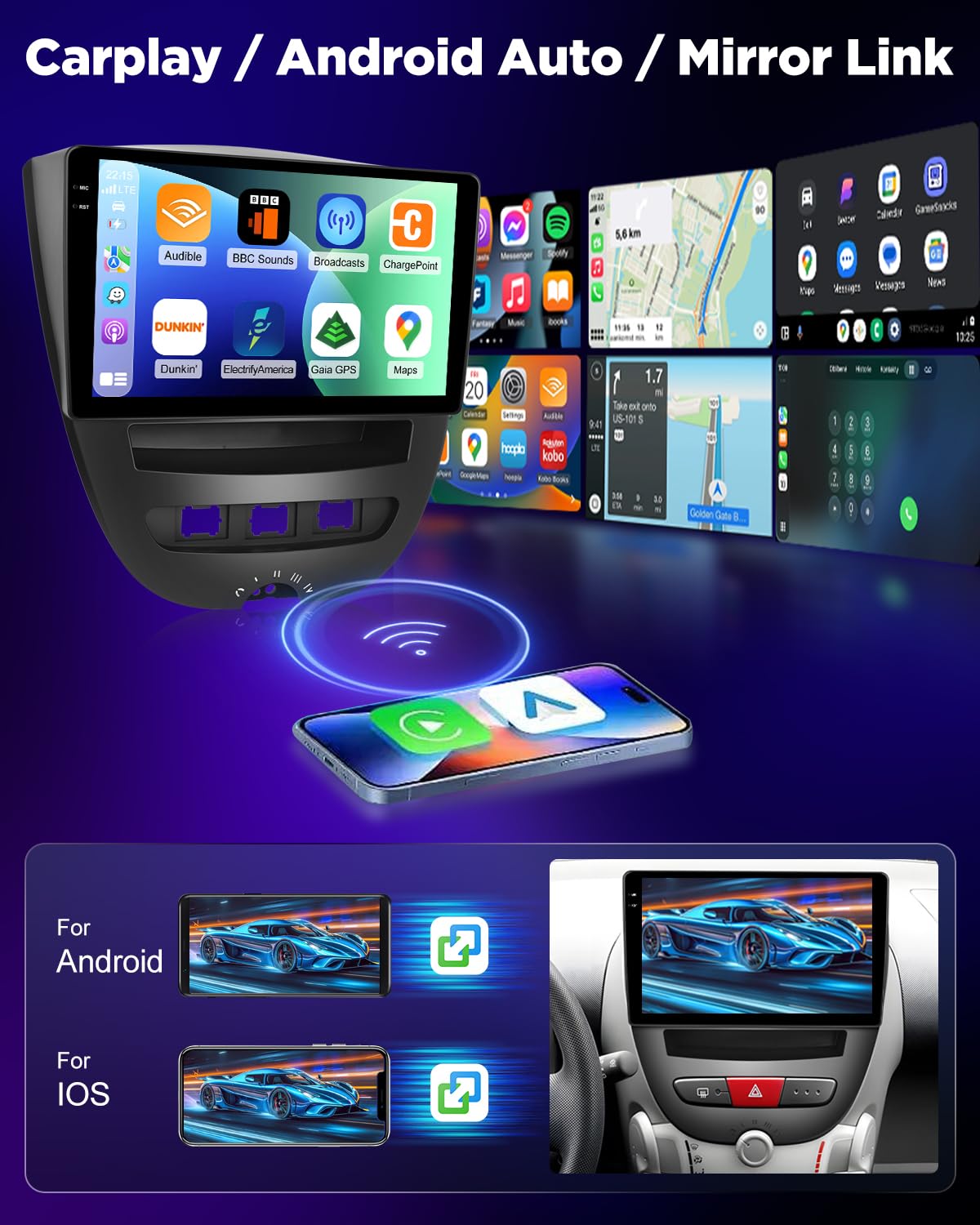 NHOPEEW 4+128G Autoradio per Peugeot 107 / Citroen C1 / Toyota Aygo 2004-2014 con Carplay Android Auto - Schermo incell da 10 pollici Supporto WiFi GPS Comandi al volante + Telecamera di retromarcia