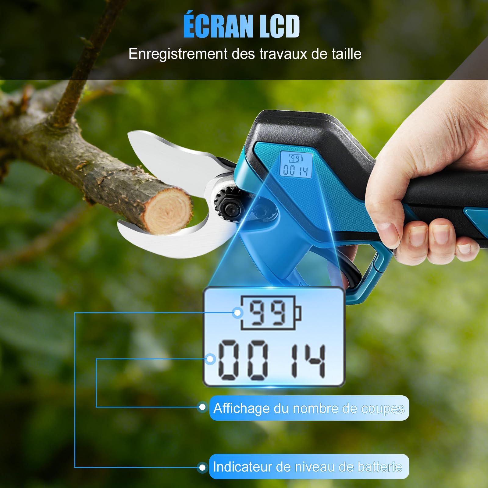 Sécateur Électrique sans Fil 30mm, Secateur Electrique avec 2 Batterie 1500mAh, Moteur Sans Balais, Écran LED, Diamètre de Coupe max. 30 mm pour les branches et rameaux frais
