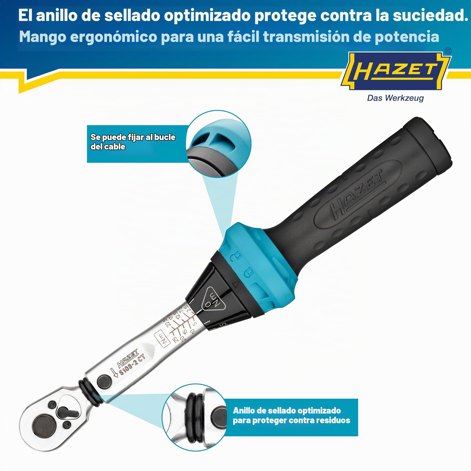 Llave dinamométrica HAZET 5108-2CT para bicicletas I Salida: cuadrada 6,3 mm 1/4 pulgada, tolerancia: 4%, 2,5-25 Nm, graduación fina I Carraca reversible, para bicicletas 232 mm
