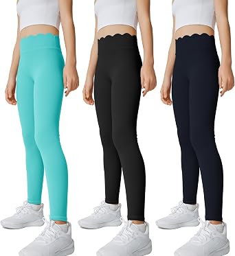 LaBeca Girls 3 Pack Yoga Pants Scallop Waist Workout Running Athletic Leggings for Kids in 6-13 Years