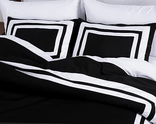 Miniatura 3 de Chezmoi Collection Wyatt - Juego de edredón de 7 piezas tamaño Queen con sábanas, estilo hotel, diseño cuadrado, color negro y blanco