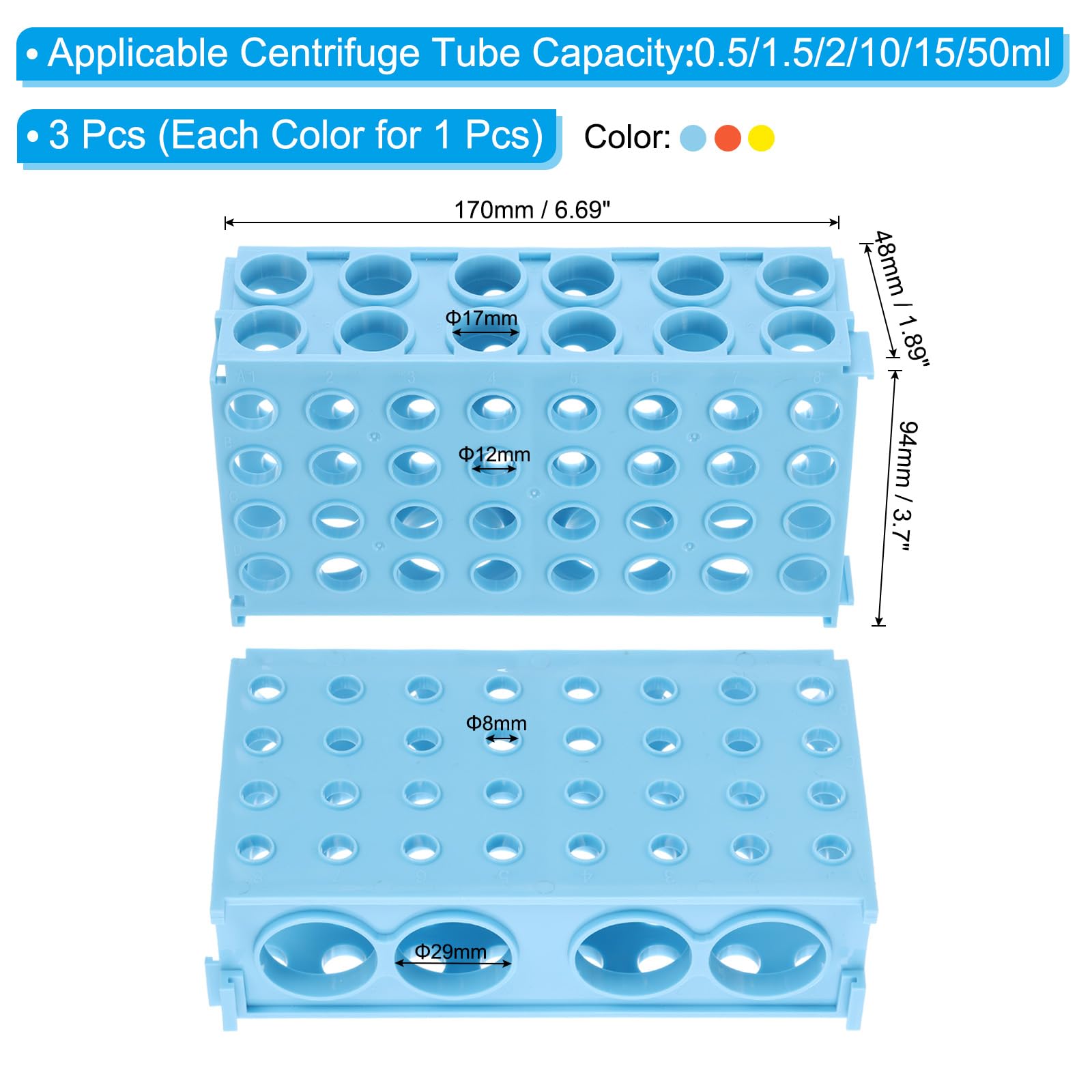 PATIKIL Portoir À Tubes 80 Puits, 1 Set Portoir À Fioles Quatre Panneaux Support Pour Tubes De Centrifugeuse Pour Microtubes 0.5/1.5/2/10/15/50ml, Jaune, Orange, Bleu
