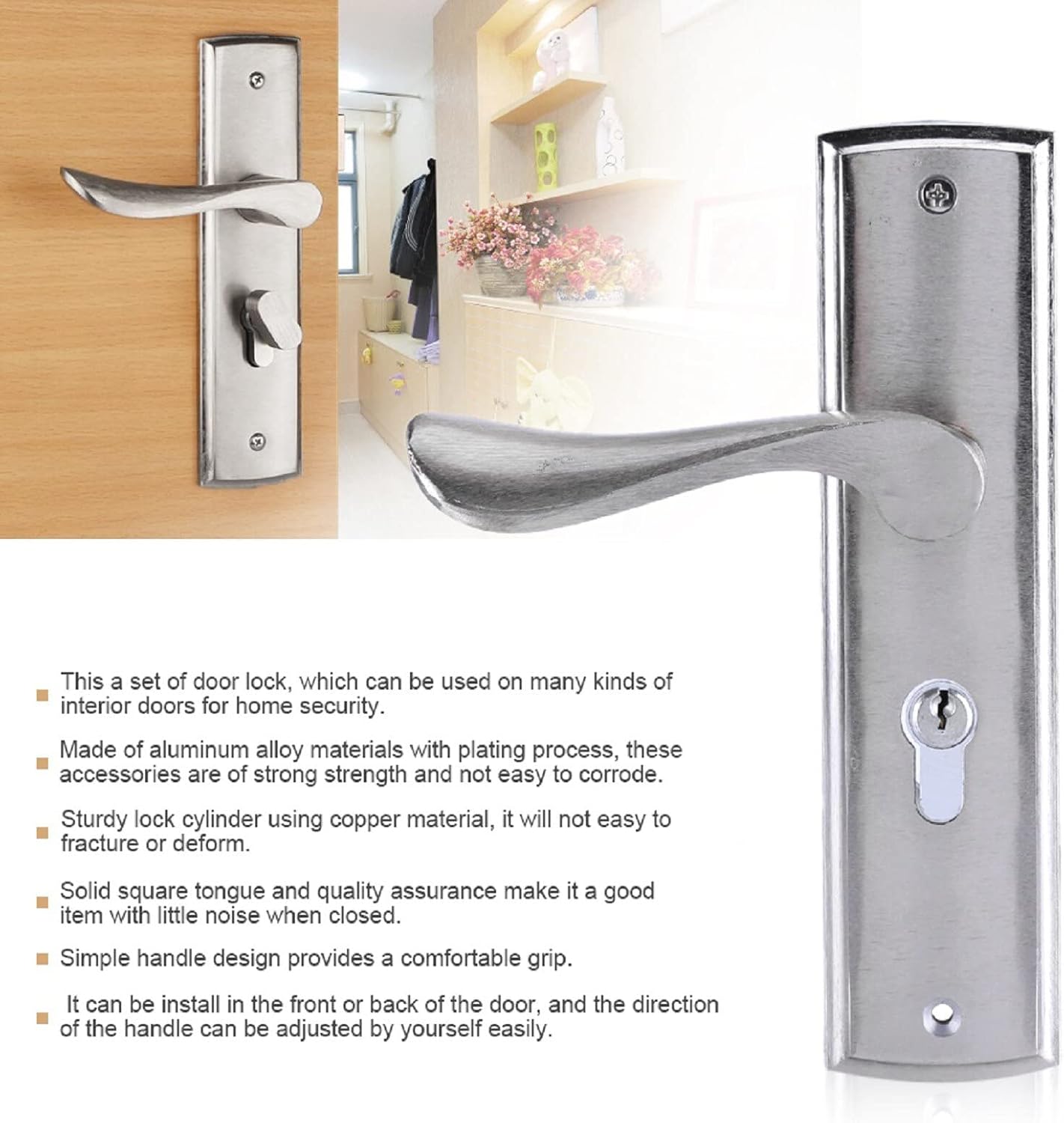 Door Handle,Interior Door Handle, 1 Set Silver Door Handle Lock Cylinder Front Back Lever Latch Home Security W/Keys Solid Square Tongue Interior Door Lock