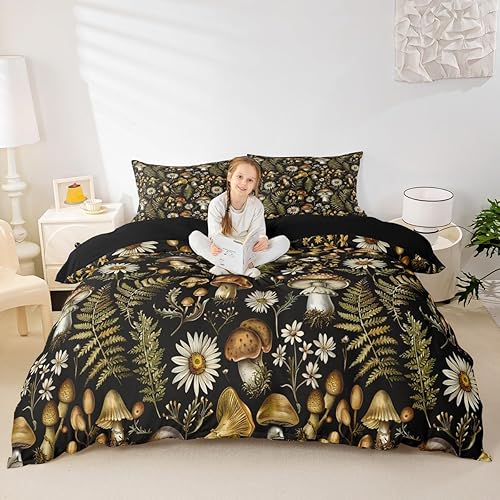 Miniatura 63 de Juego de funda de edredón de 3 piezas, diseño de hongos, diseño de hojas botánicas de acuarela y fresa, para niños, adolescentes, adultos, libélula