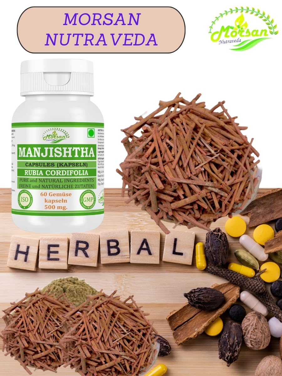 Manjishtha (Rubia Cordifolia, Manjith) Extrakt mit 10:1 Stärke, 500 mg x 60 vegane Kapseln | Ayurvedisches Kräuterergänzungsmittel für Männer und Frauen (2 Flaschen mit 60 Kapseln)