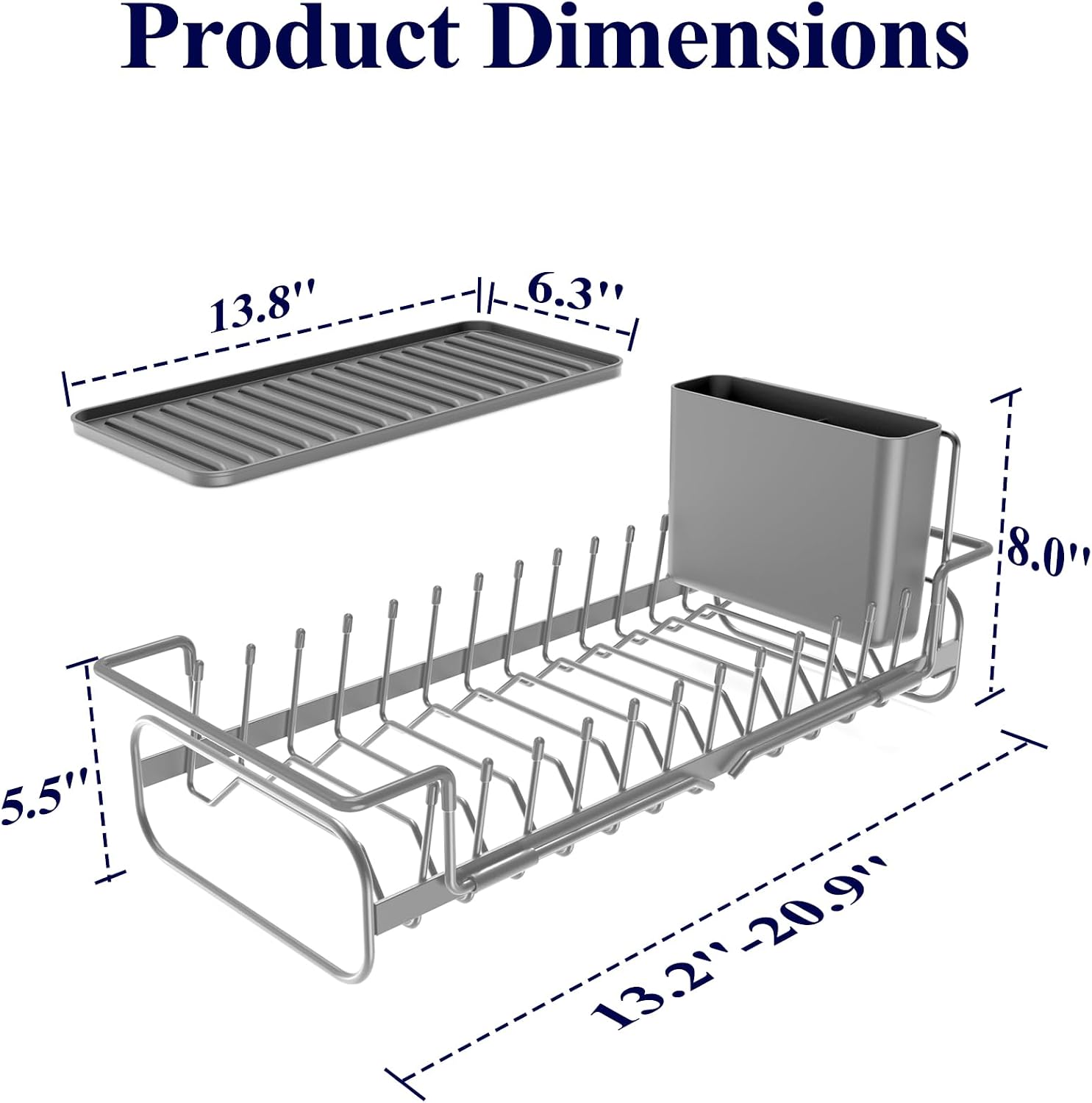 Kitsure Dish Drying Rack - Expandable Dish Rack for Kitchen Counter, Over Sink Or in Sink, Space-Saving Plates Dryer with Cutlery Holder & Drip Tray, 14.0"-20.9" L x 6.3" W x 8.0" H, Grey