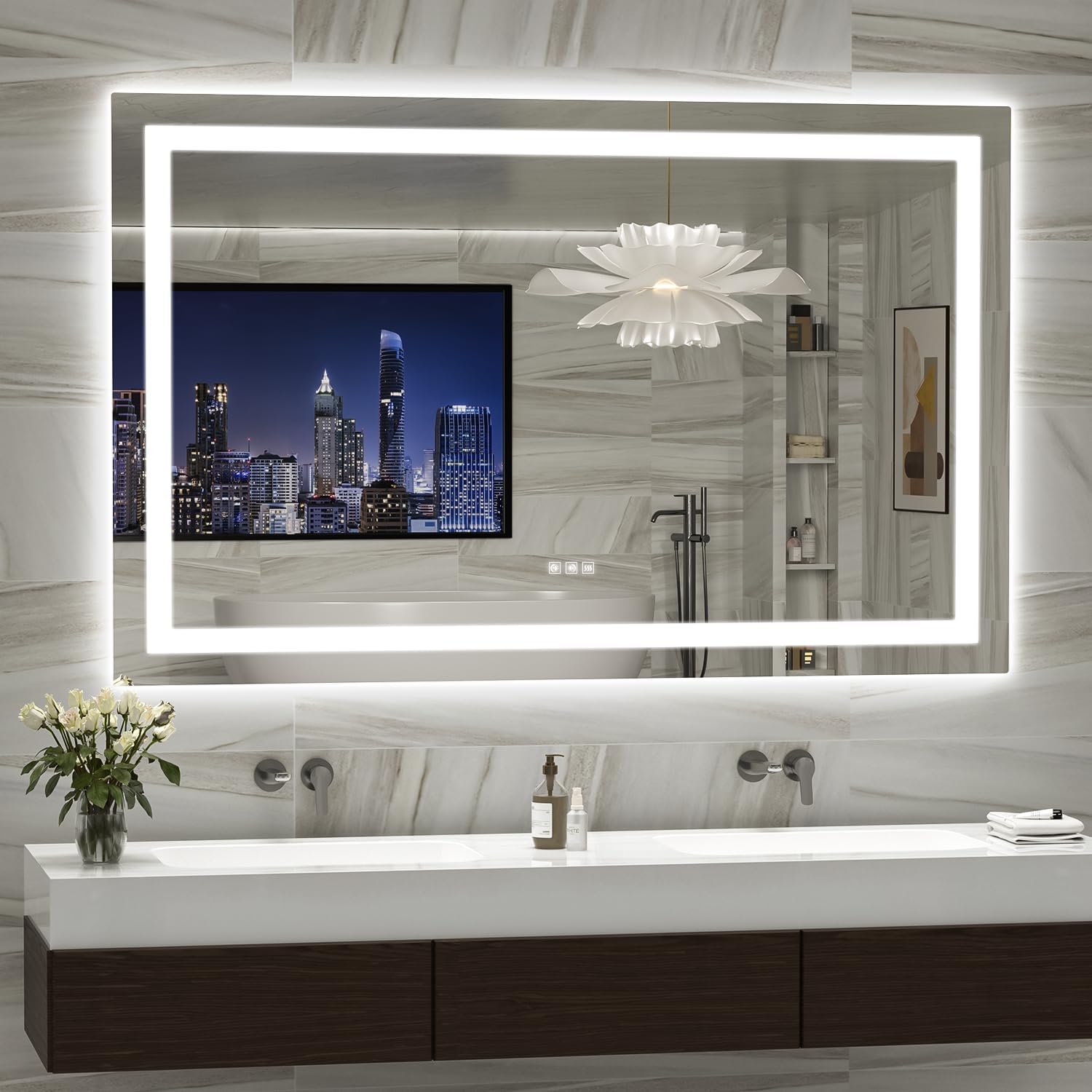 LED Mirror for Bathroom, 55x36 Inch Backlit + Front Lighted Bathroom Vanity Mirror with Lights, Double Light Strips, 3 Colors, Shatter-Proof, Anti-Fog and Brightness Memory 55"L x 36"W