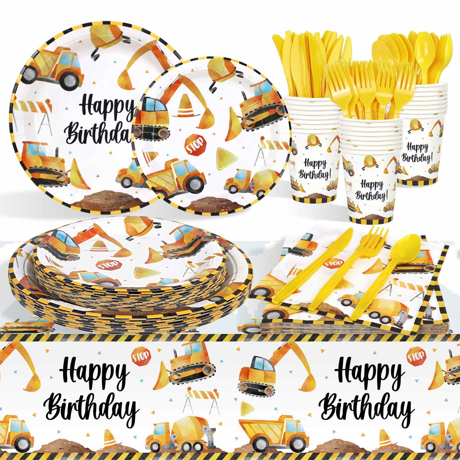 Heboland176 Pcs Construction Birthday Party Supplies Decorations Plates Set for 25 Guests, Include Plates Napkins Tablecloth Cups Cutlery Set for Boys Kids Construction Excavator Theme