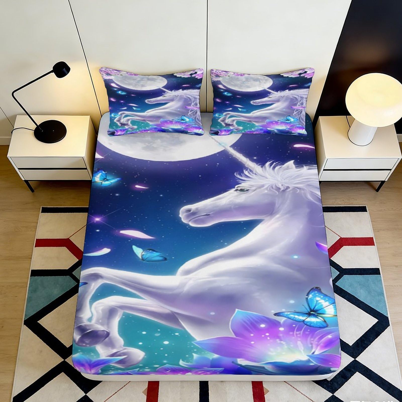 3D Printed Unicorn Moonlight Fitted Sheet Microfiber Soft Breathable Butterfly Bed Cover for Bedroom Dormitory Guest Room Mattress Protection Decor 120x200x25cm
