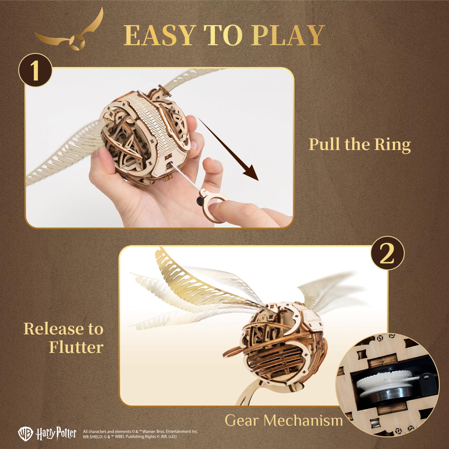 PUREMIND Harry Potter Vif d’Or, Puzzle 3D en Bois, Maquette à Ailes Mobiles | Sous licence officielle, cadeaux Harry Potter, mécanisme manuel, détails dorés, kit DIY, objet de collection, déco en vitrine