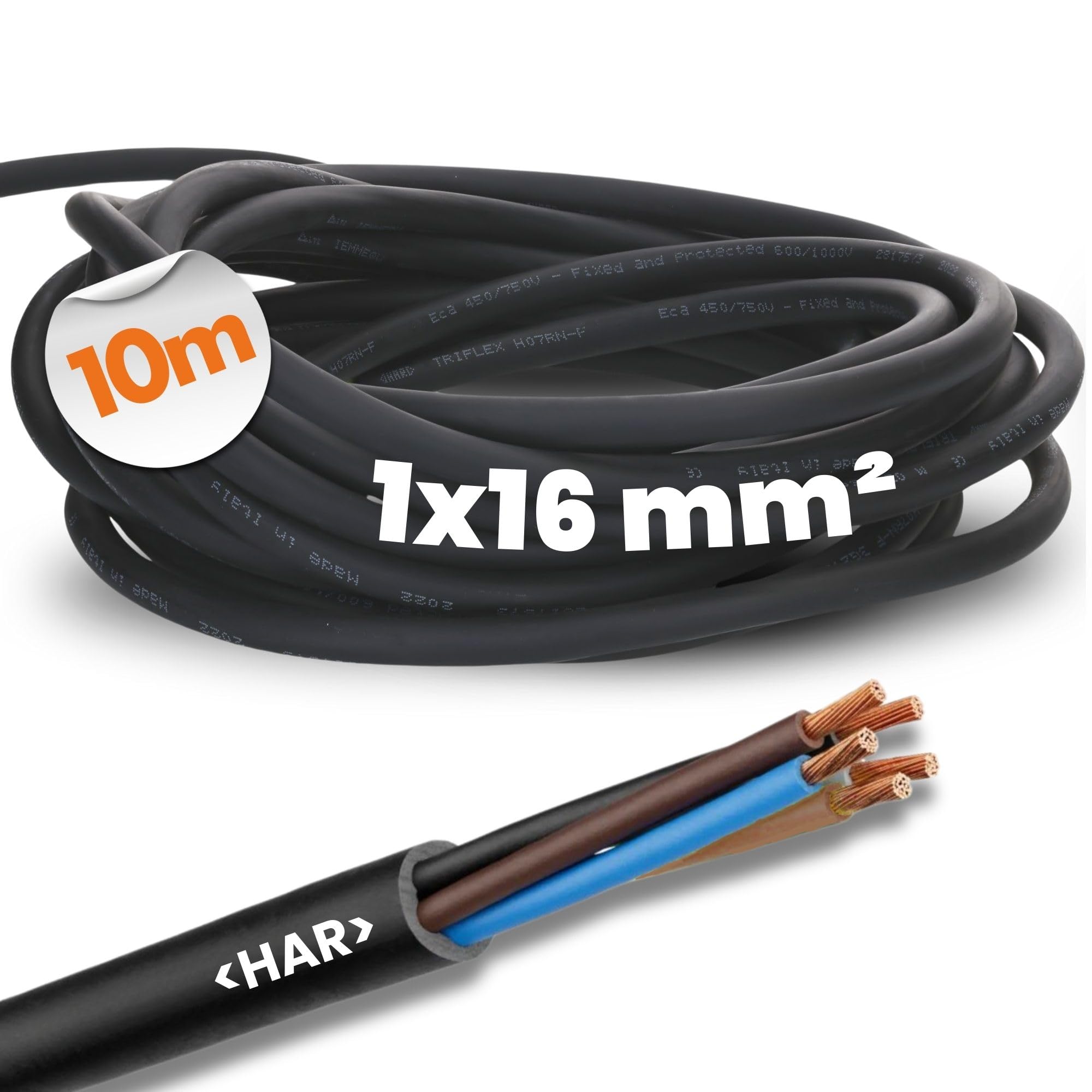 10 metrów Lapp 1600195 H07RN-F 1 x 16 mm², przewód gumowy, elastyczny, bez przewodu ochronnego, odporny na promieniowanie UV, do użytku na zewnątrz, odporny na olej, trudnopalny, przewód