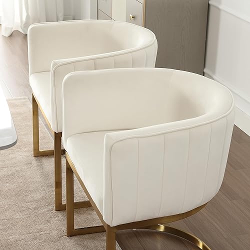 Miniatura 6 de Juego de 2 sillas de comedor tapizadas cómodas con brazos, sillas de comedor modernas de mediados de siglo con patas de metal dorado para comedor,