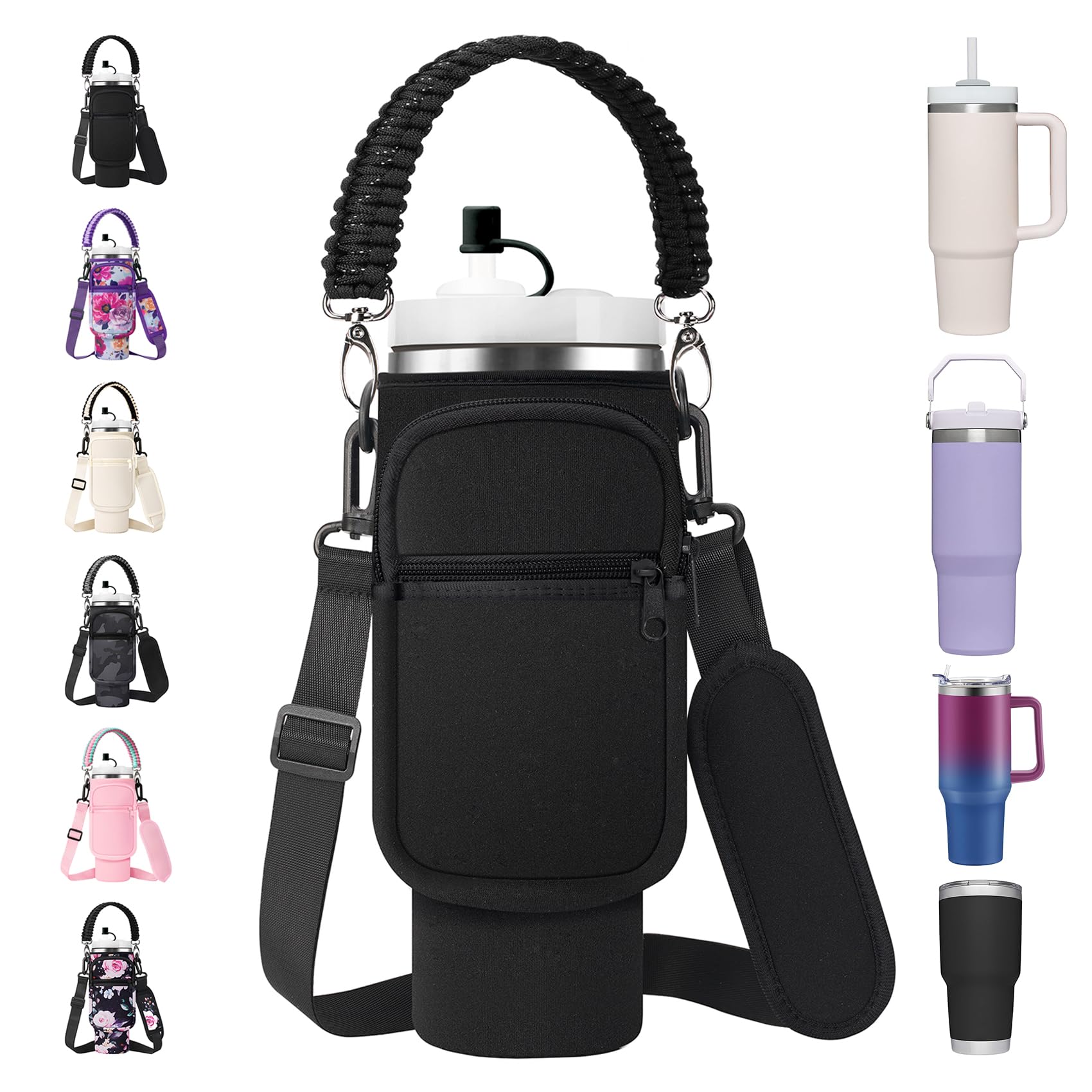 Water Bottle Carrier Bag with Paracord Handle for Stanley 40/30 oz Tumbler Neoprene Insulated Mug Sleeve Pouch with 2 Pockets & Adjustable Strap & Straw Cover for Stanley Cup Accessories