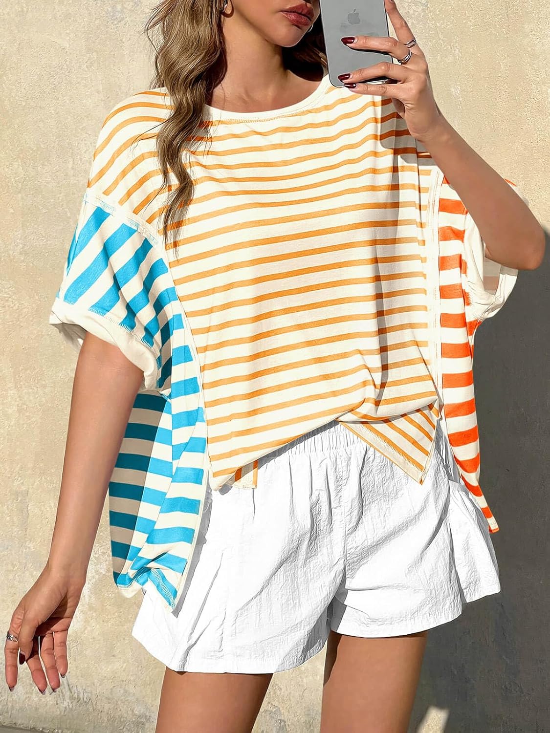 Tankaneo Womens Oversized Striped T-Shirts Color Block Short Sleeve Tee Tops Summer Casual High Low Hem Shirts - Image 2
