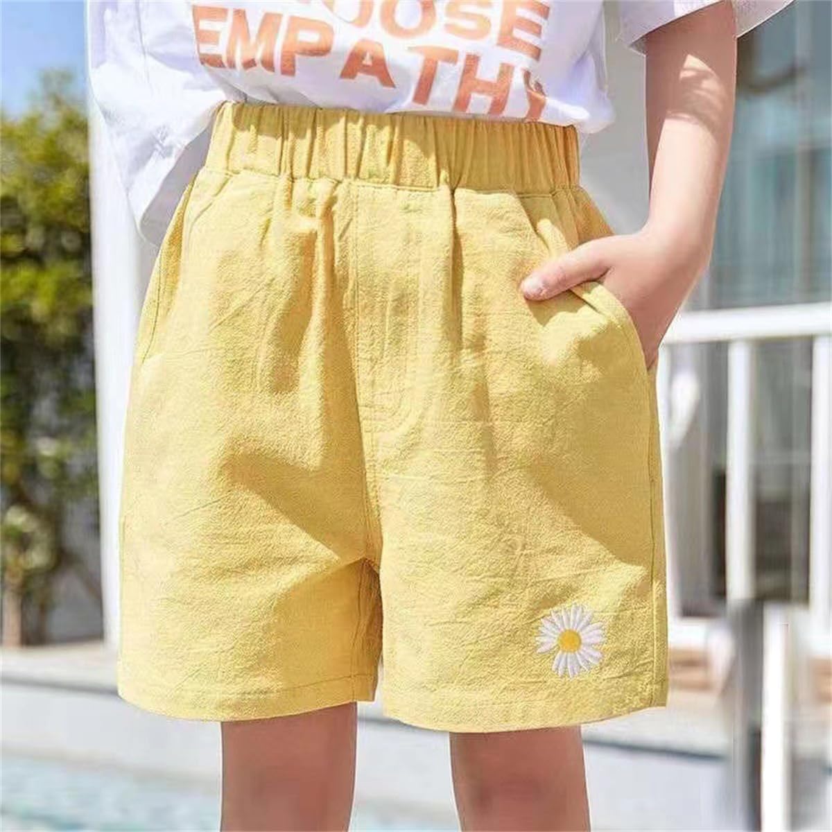 3er Pack Mädchen Shorts Hotpants Sommer Baumwolle Leinen Kurze Hosen mit Daisy Stickerei Baby Kinder Sommerhosen Leichte Atmungsaktive Einfarbige Lässige Kurz Hose Gr. 86/98/104/116/128/134/146