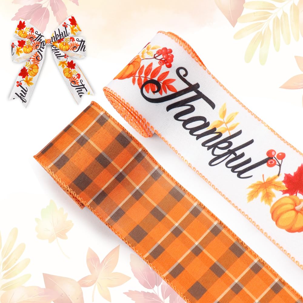 2 Rolls Fall Fabric Ribbon Thanksgiving Burlap Linen Ribbons Pumpkin Leaves Words Buffalo Plaids Edge Wired Decor Ribbons for Fall Thanksgiving Party