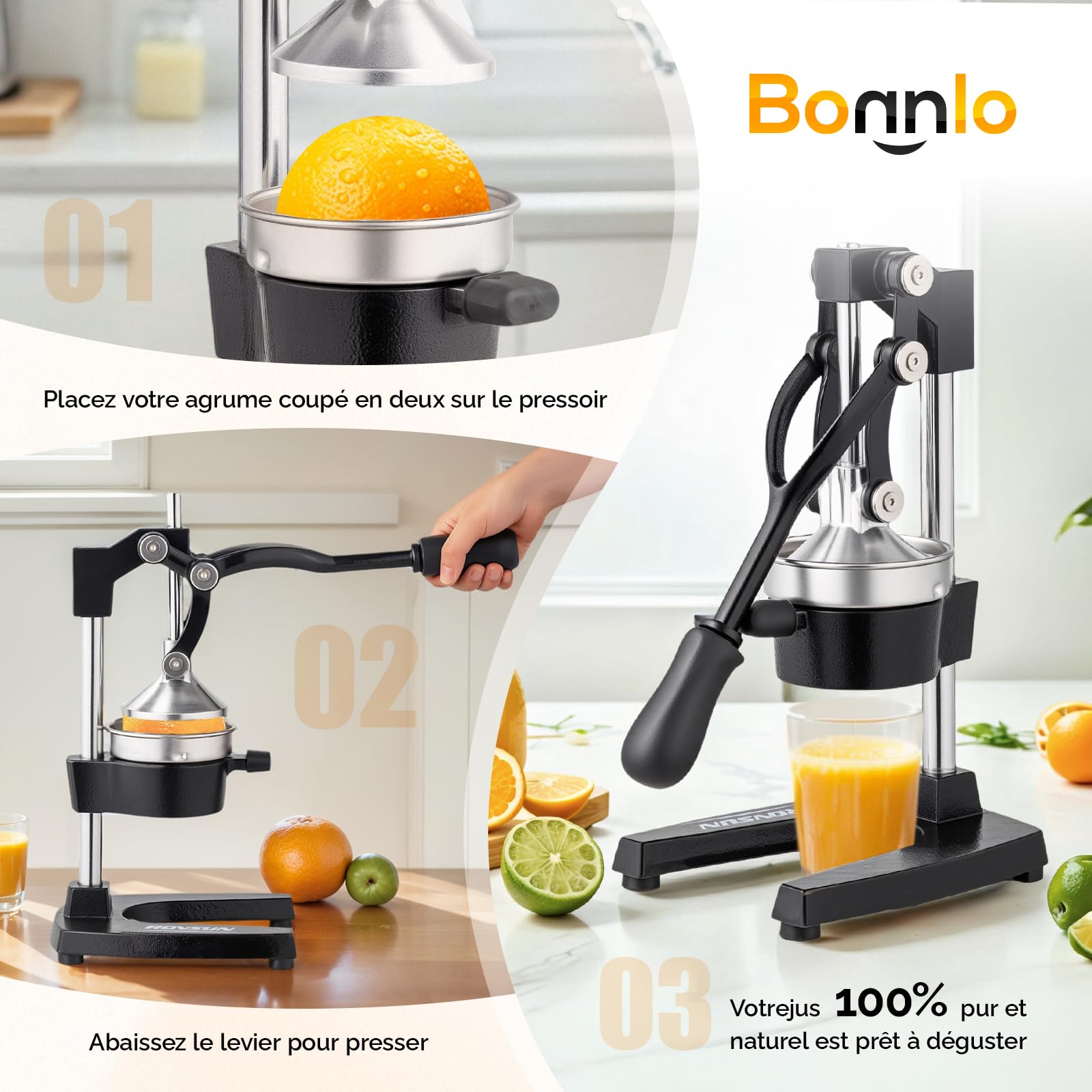 Bonnlo Presse Agrumes Manuel, presse fruit manuel, en Acier Inoxydable, Alimentaire Broyeur Jus, Orange Limon Citron Pommes Grenade, Noir