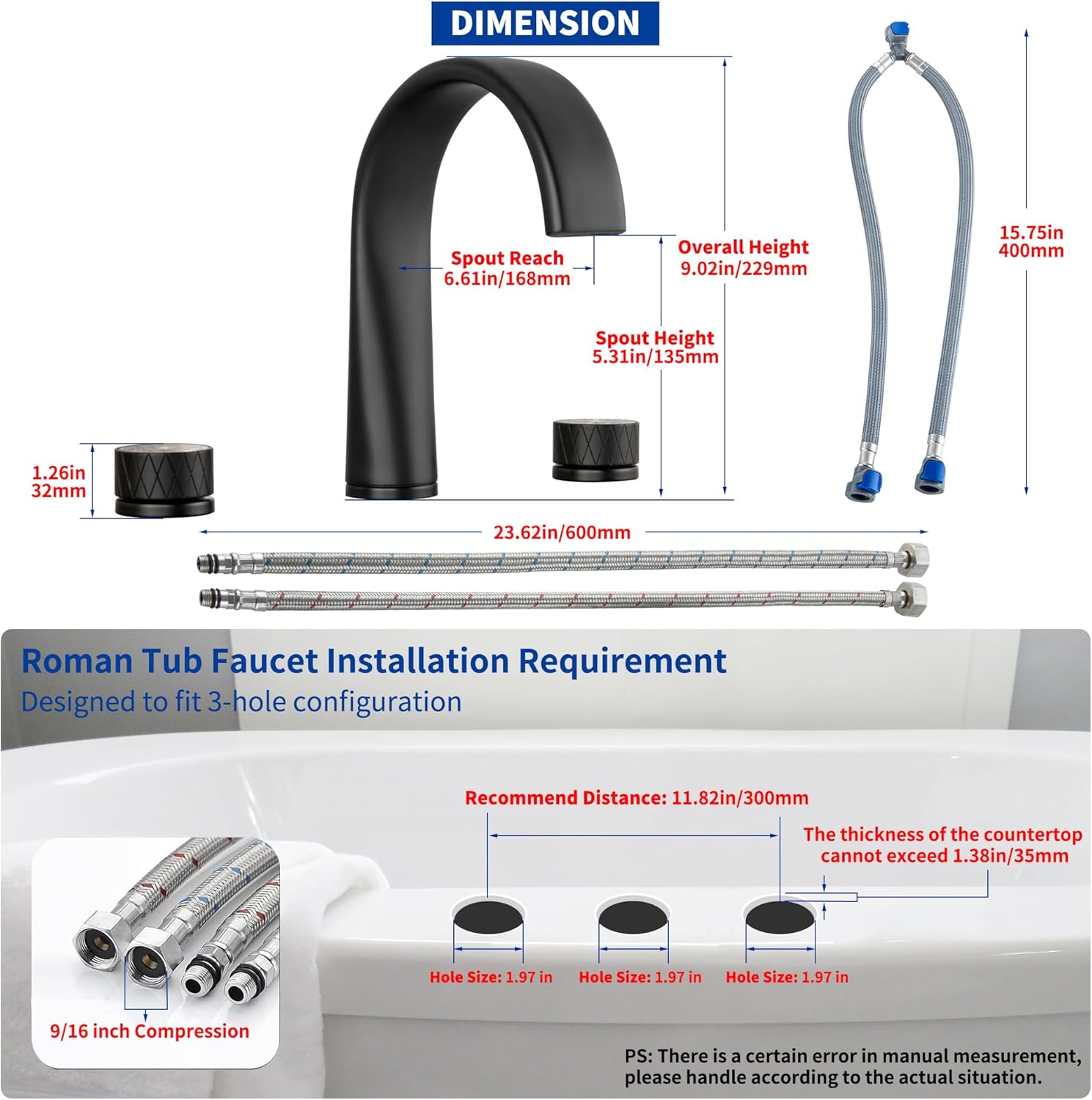 SKOWLL Bathtubs Faucet Roman 3 Hole LED Bathroom Vanity Faucet Swivel Spout with Overflow Drain, Matte Black