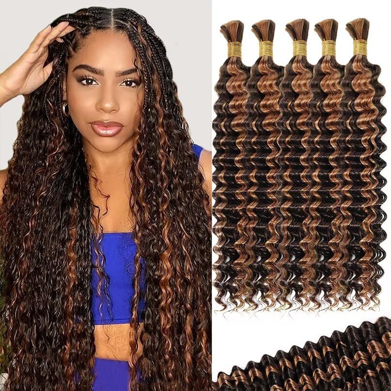 12A P4/30 Dark and Light Brown Human Braiding Hair for Boho Braids 5 Bundles 22 Inch 160g Deep Wave Braiding Hair for Bohemian Knotless Braids 100% Unprocessed Virgin Bulk Hair Extensions No Weft