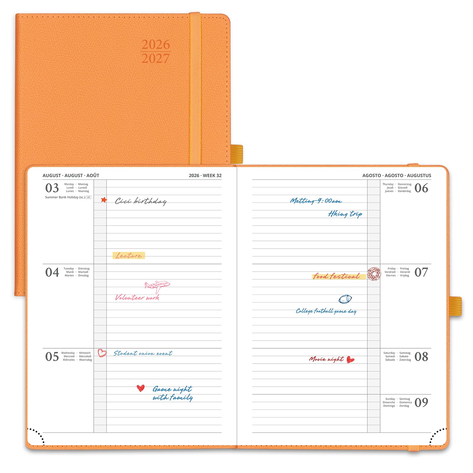 POPRUN A5 Academic Diary 2026-2027 Hardback Week to View (22x16.5 cm) 26/27 Horizontal Weekly Planner 17 Months (Aug'26 - Dec'27) Mid Year(Orange)