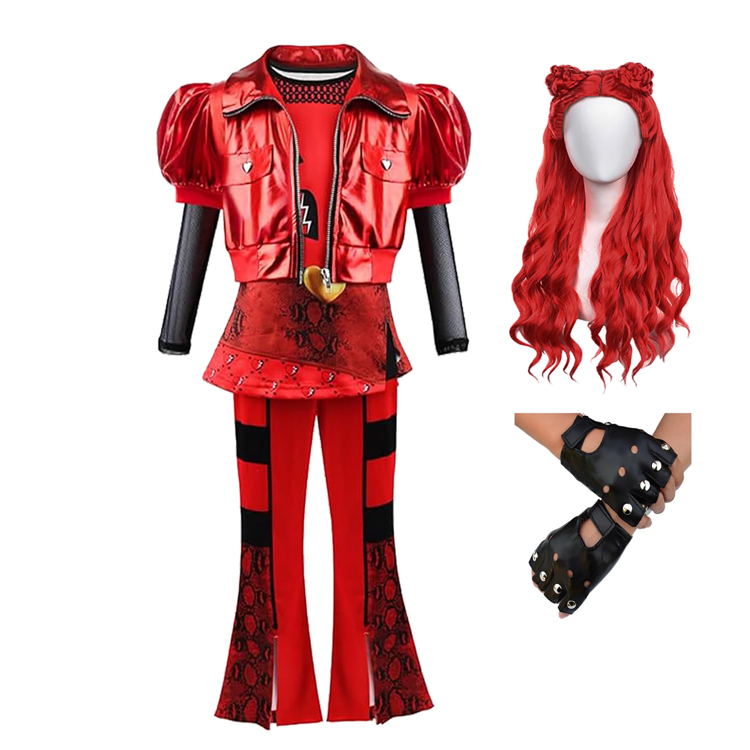 D.O.T Girls Rise Red Costume Includes Red Heart Jacket Shirt Flared Pants Wig Gloves 5pcs Halloween Princess Dress up 3-14Y