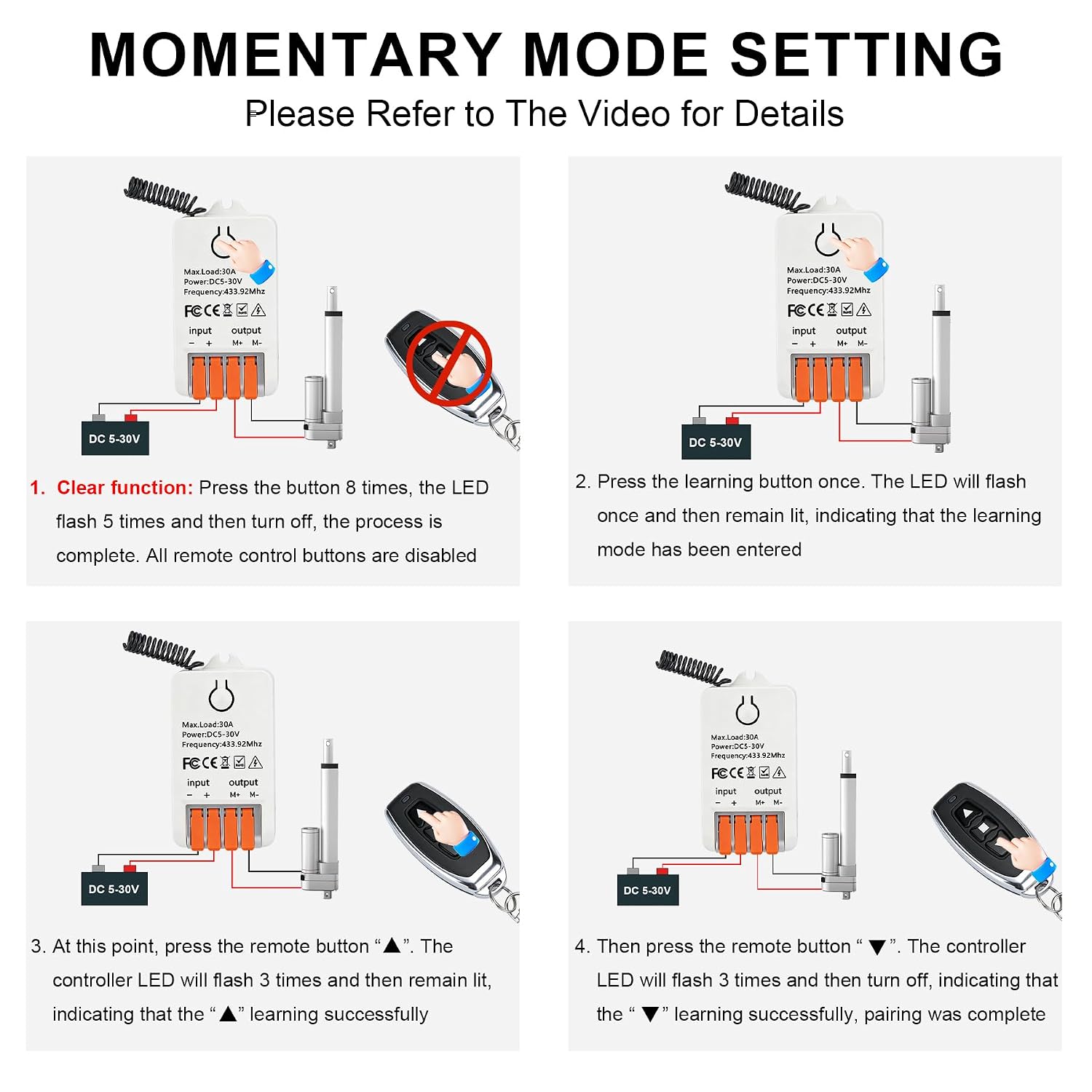 Forward and Reverse Remote Switch, DC 5V to 30V 30A Remote Control Switch, Linear Actuator Wireless Remote, for Shutter Doors Curtains Garage Doors Lifting Beds Winch