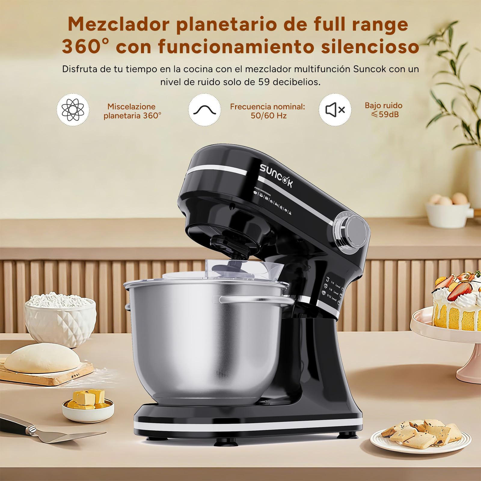 Batidora Amasadora 1500W, 2 Cubetas de Acero Inoxidable (4,5L/5,5L), 12 Velocidades, Fermentación/Calentamiento, Báscula, Temporizador, Bajo Ruido, 3 Accesorios de Mezcla (B03B, B03B-negro)