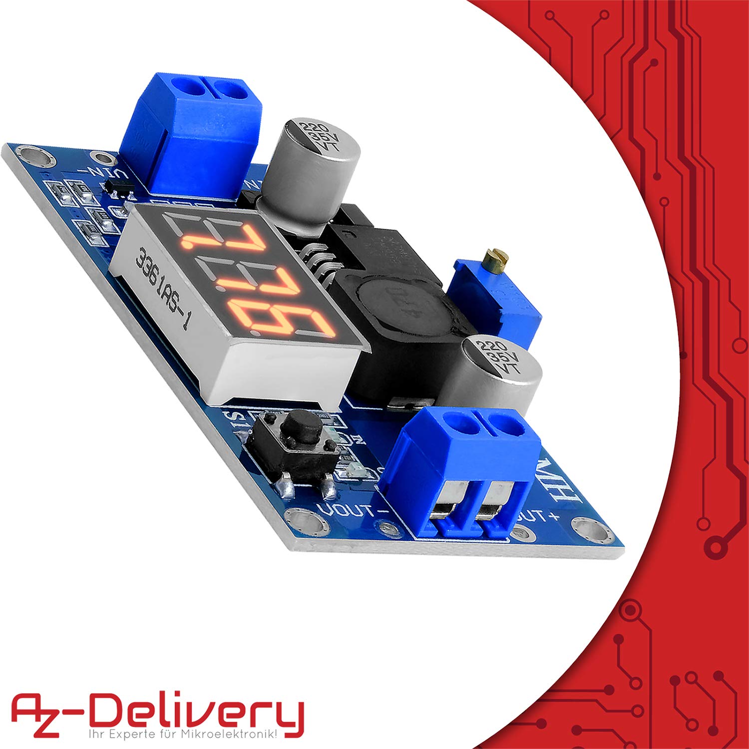 AZDelivery LM2596S step-down DC-DC buck converter moduł dla 4-40V do 3,3-24V z 3-cyfrowym wyświetlaczem cyfrowym i E-book w zestawie!