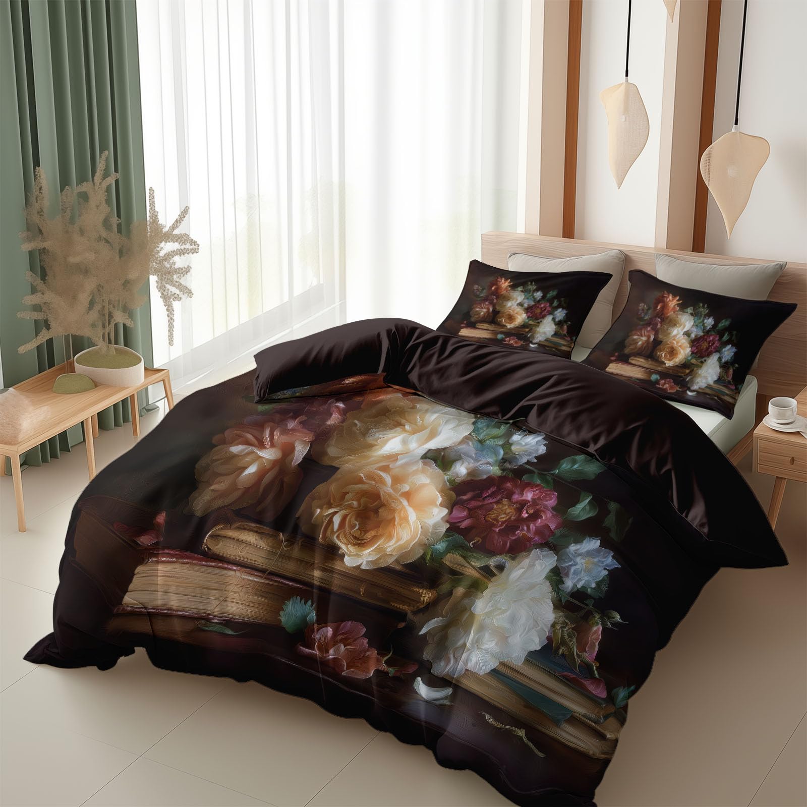 Juego de ropa de cama de 155 x 220 cm, pintura al óleo con diseño de flores muertas, libros, funda nórdica con estampado 3D de 3 piezas con cremallera y 2 fundas de almohada de 80 x 80 cm, modernos