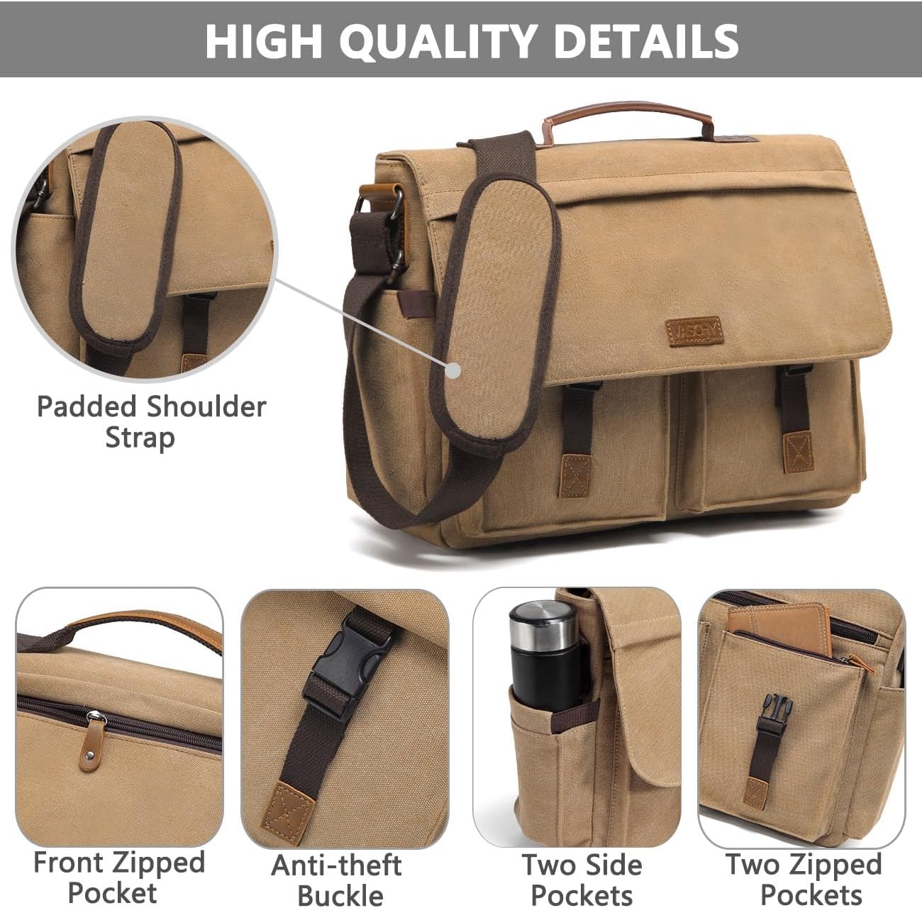 Messenger Bag for Men,VASCHY Vintage Water Resistant Canvas Satchel 14 15.6 17inch Laptop Briefcase - Image 5