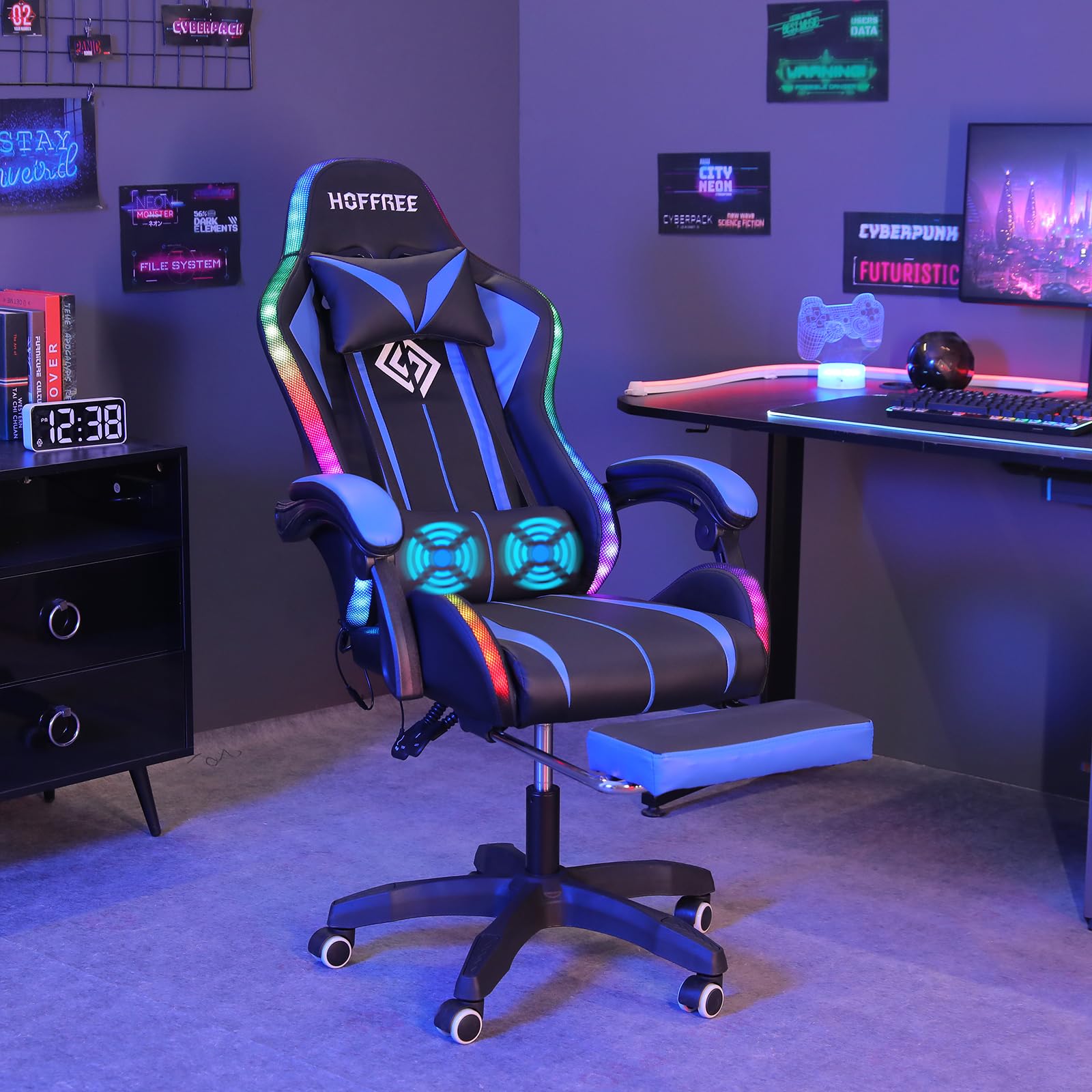 HOFFREEGaming Chair with LED RGB Lights with Massage and Footrest Ergonomic Computer Chair High Back Video Game Chair with Adjustable Lumbar Support Linkage Armrest Blue and Black