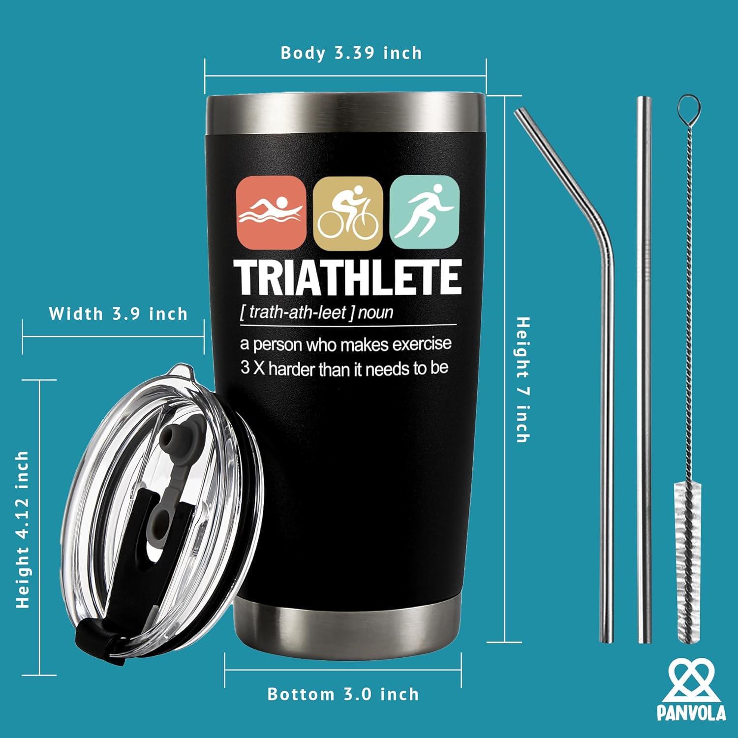 Panvola Triathlete Definition Athlete Gifts Swimmer Biker Runner Sports Player Triathlon Stainless Steel Vacuum Insulated Tumbler with Lid and Straw (Black, 20 Ounces)