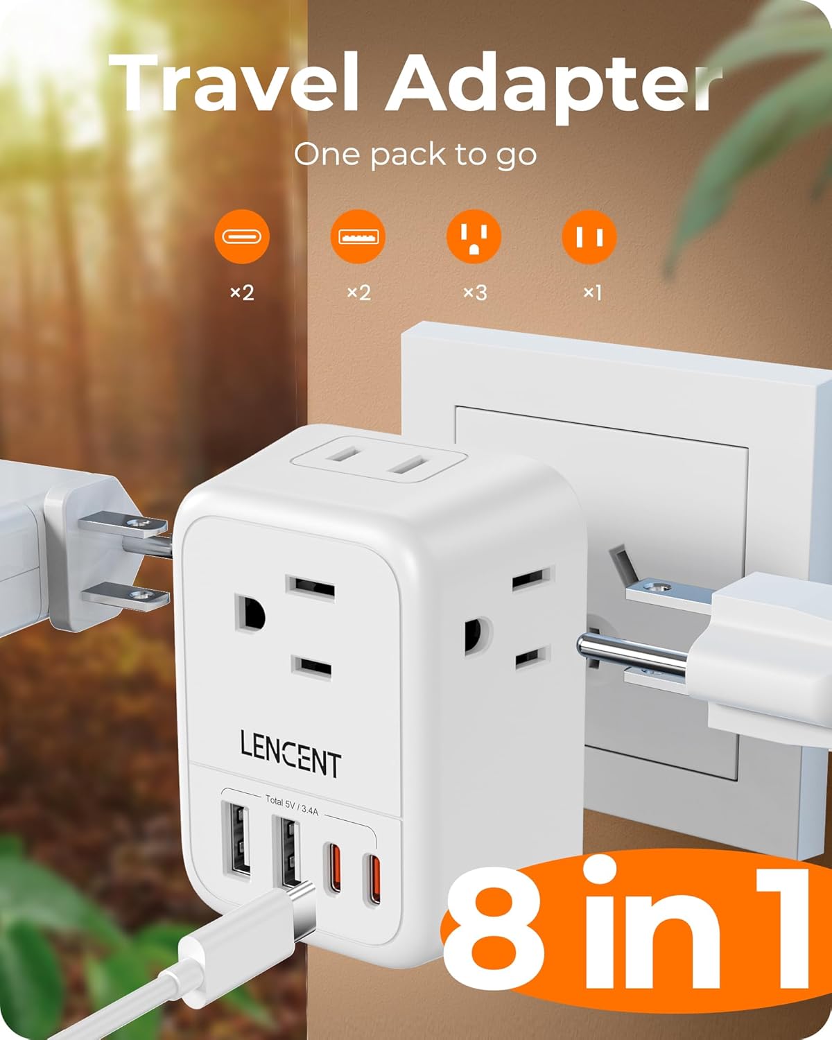 LENCENT Foldable Australia Travel Plug Adapter, US to New Zealand China Power Adaptor with 4 Outlets, 4 USB Charger(2 USB C Port), Type I Travel Adapter for USA to Australian, AU, Argentina, Fiji