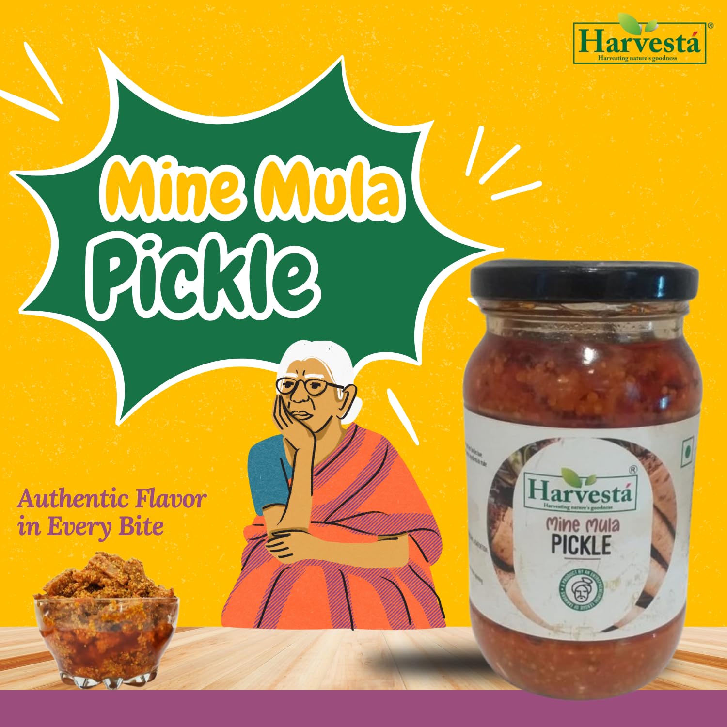 Harvesta Mine Mula Pickle | Traditional Spicy Indian Pickle | Tangy & Delicious Flavor | Homemade Style Condiment | Glass Jar – 400g