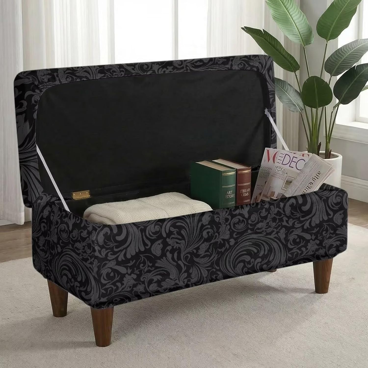 Damask Ottoman Cover Rectangle Storage Bench Cover Removable Stretch Folding Storage Footrest Slipcover with Elastic Bands for Living Room Entryway, Black - M