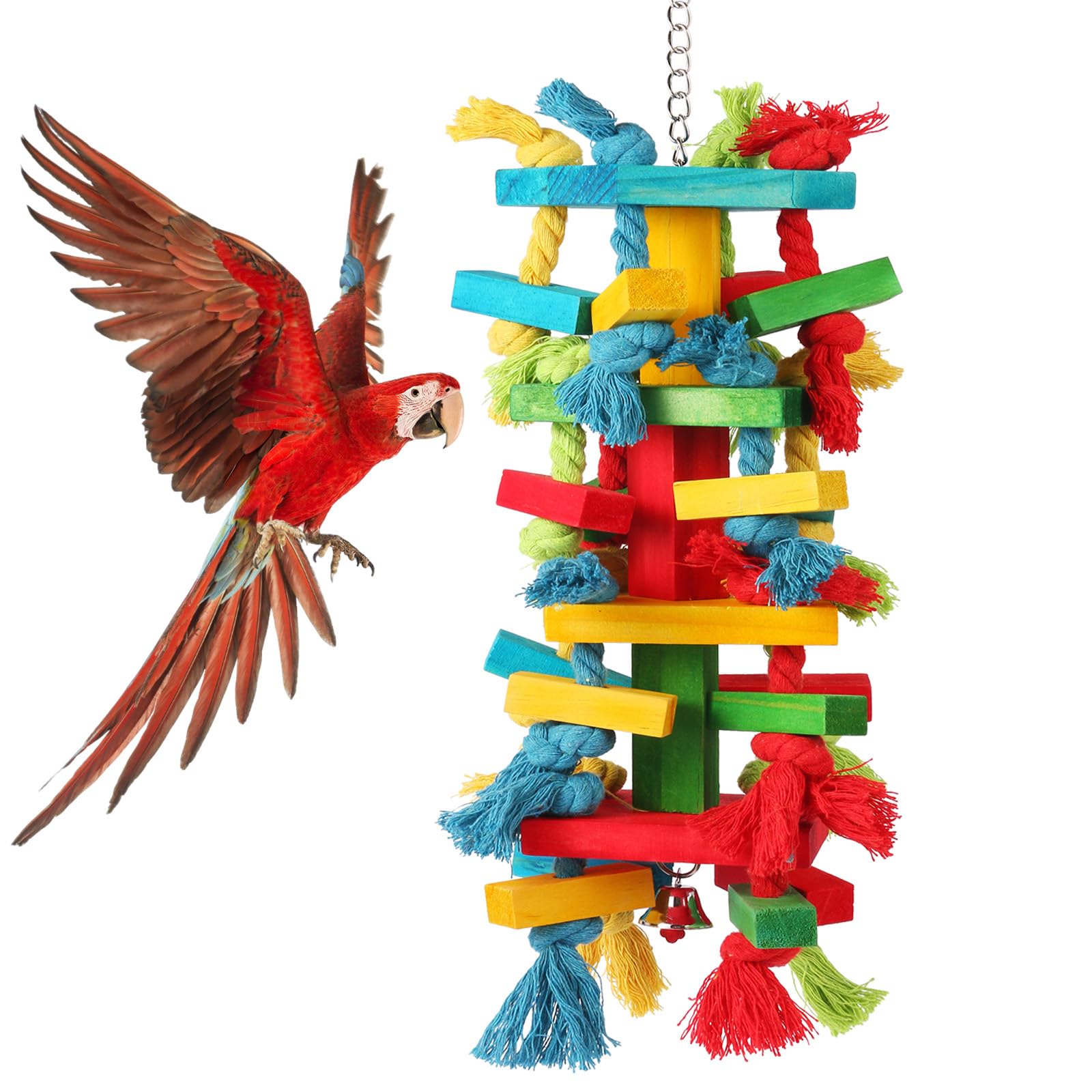 Bird Toys for Large Parrots Natural Wood Block Chewing Toy for Macaws, Cockatoos, African Greys Parrot Cage Hanging Bite Toy for Beak Exercise and
