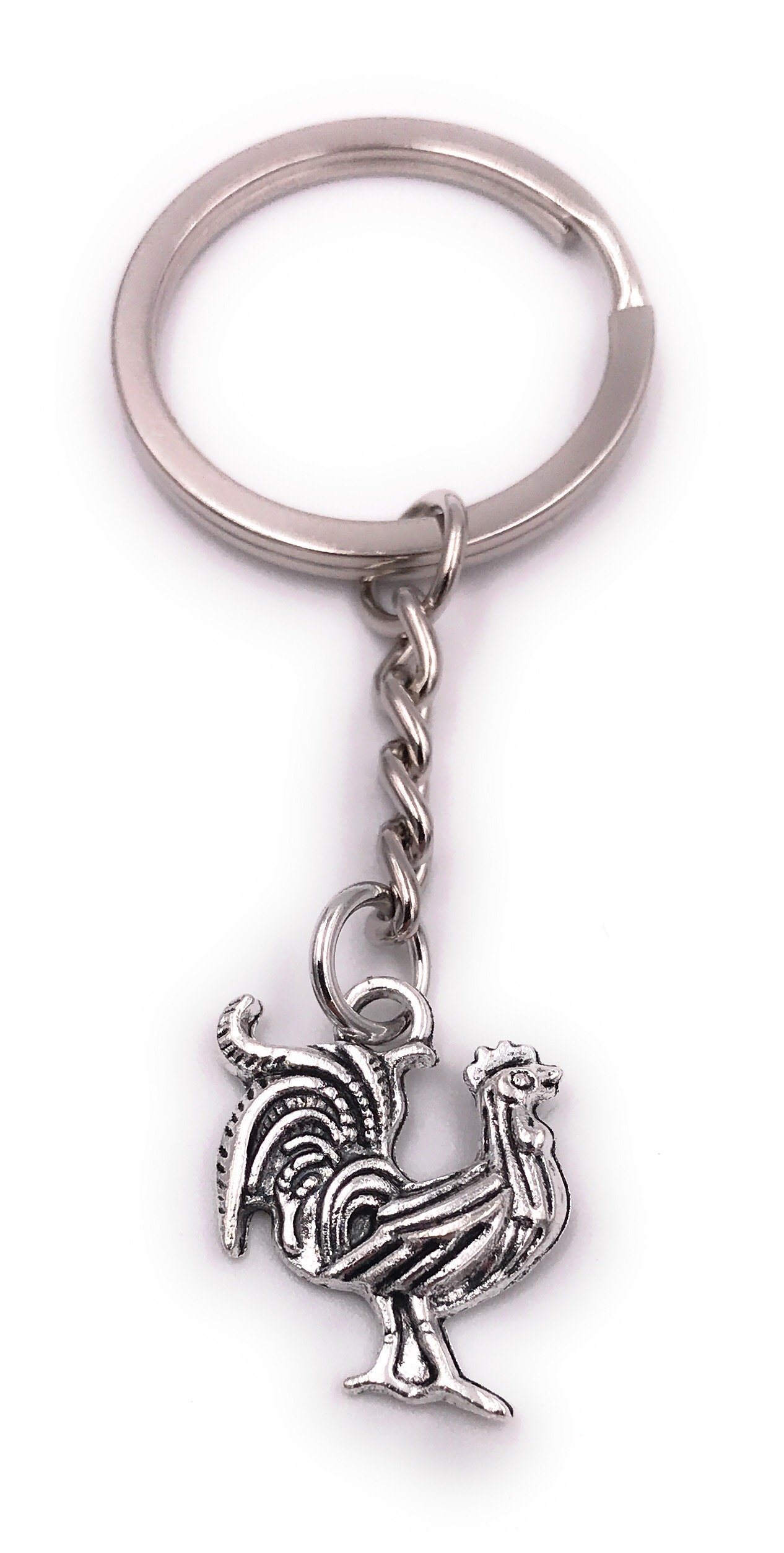 "H-Customs Rooster Silver Small Farm Animal Keychain Pendant Silver Metal