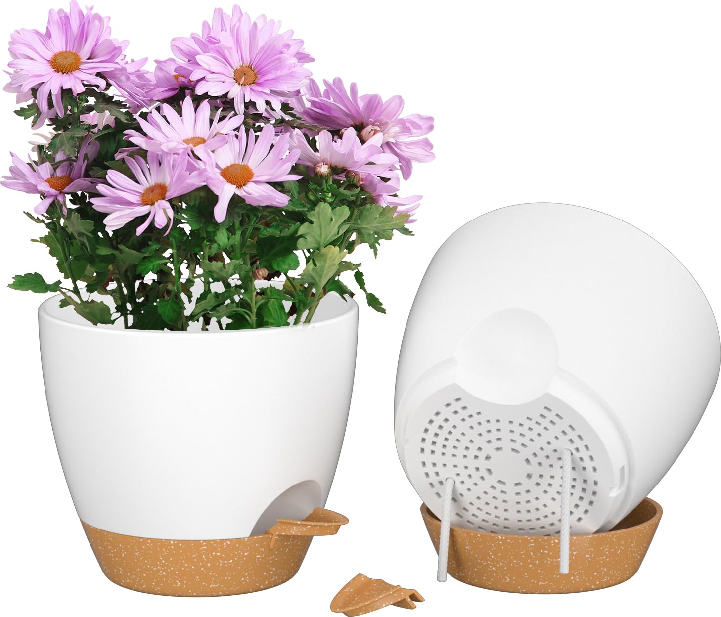 ZMTECH Plant Pots, 6.5'' Self Watering Plastic Planter with Drainage Hole and Saucer, Modern Decorative Flower Pot for Indoor Outdoor House Plants, Succulents, Flowers - White, 2 Pack — view 8