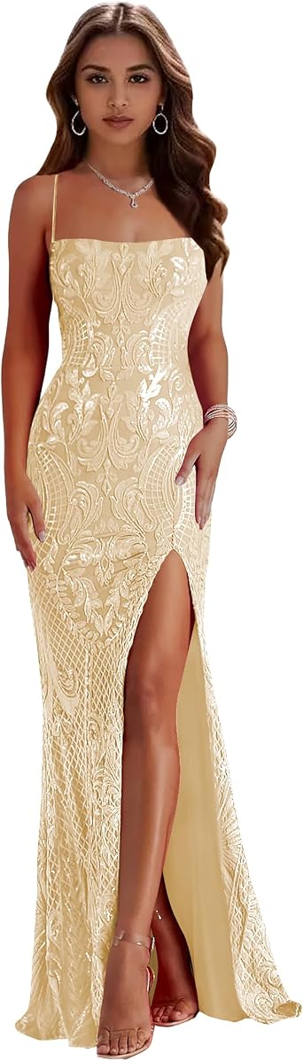 Womens Mermaid Sequin Prom Dresses with Slit Sparkly Spaghetti Straps Long Evening Dress Corset Formal Gown