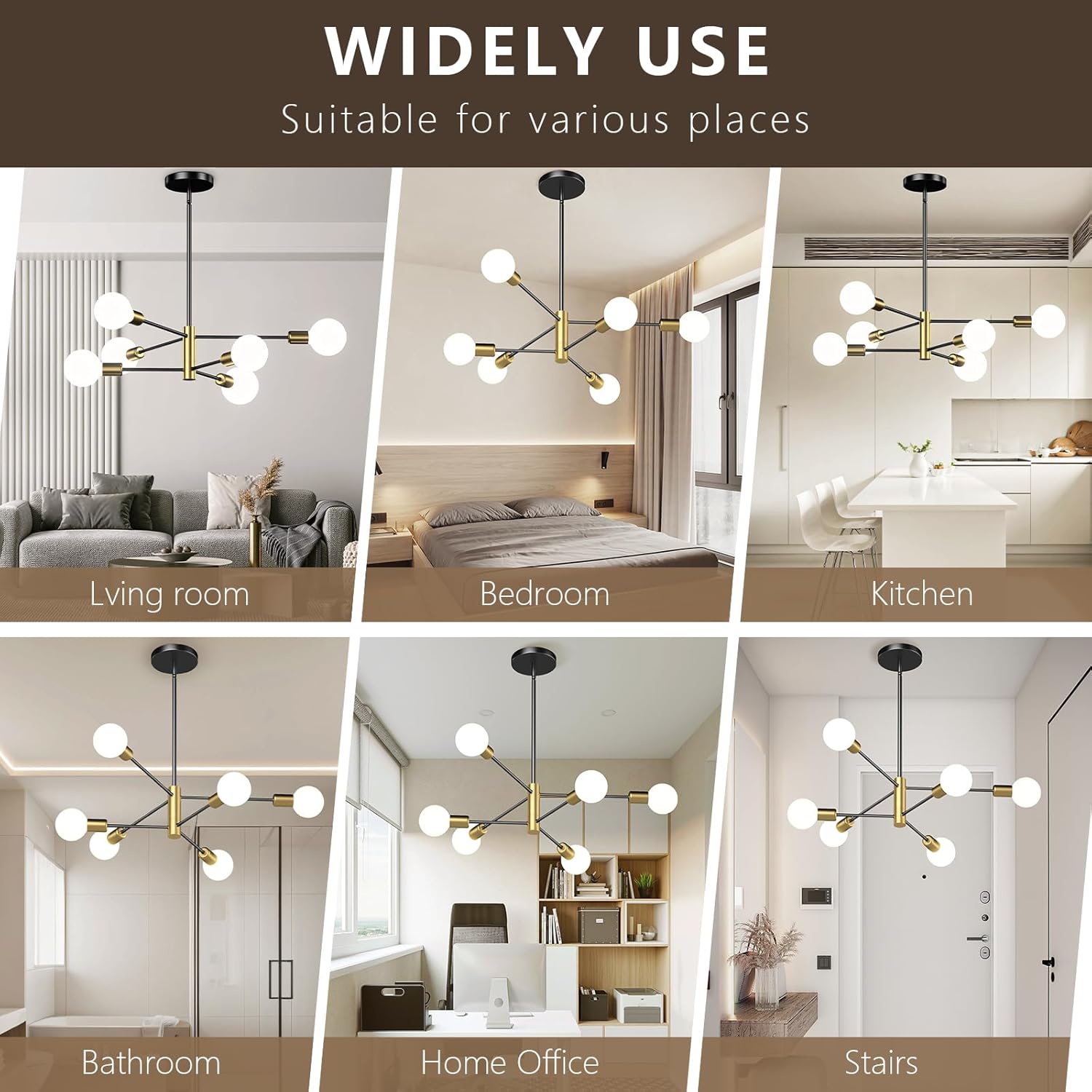 Modern Sputnik Chandelier, Ceiling Light Fixture Flush Mount 4-Lights Black and Gold Chandeliers for Living Room Bedroom Dining Room Kitchen, Mid Century Chandeliers, E26 Base, Bulbs Not Included
